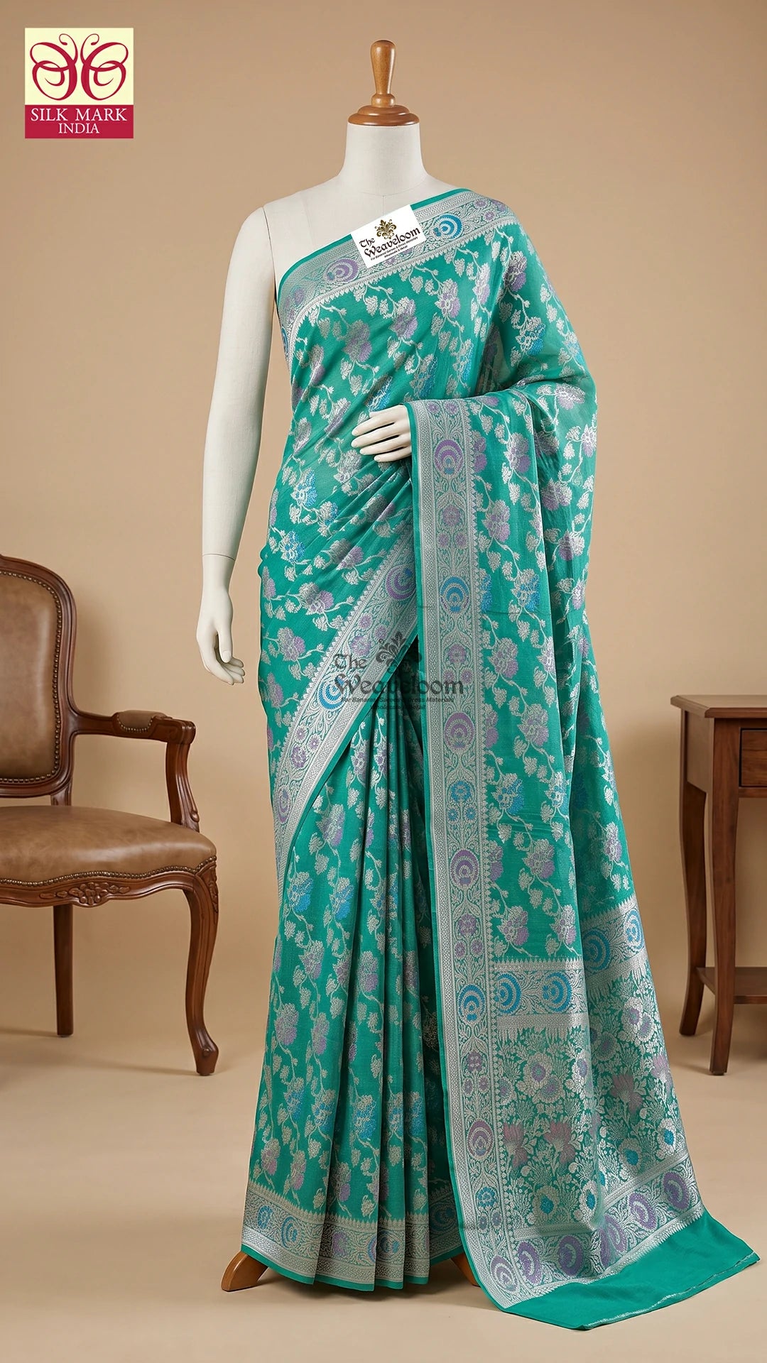 Sea Green Floral Meenakari Tussar Georgette Pure Banarasi Saree by The Weaveloom