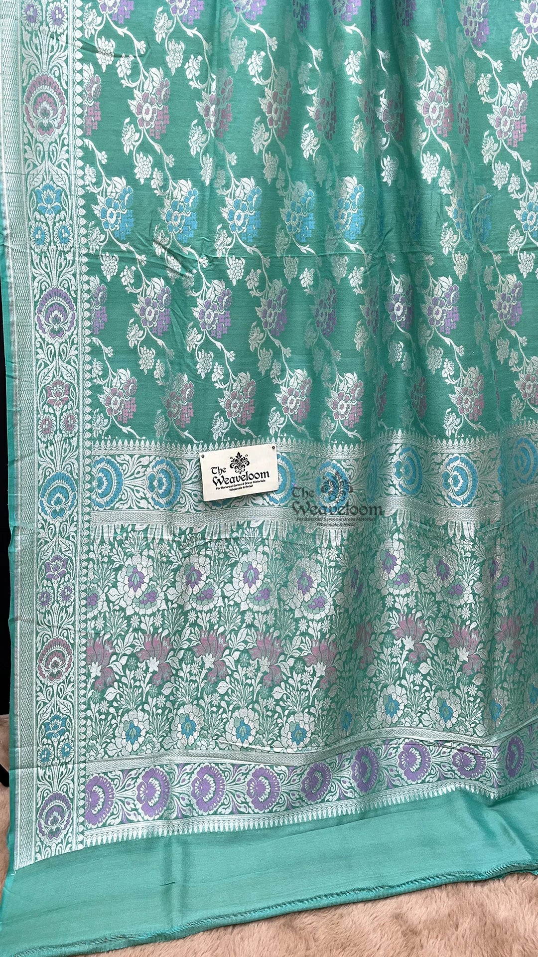 Sea Green Floral Meenakari Tussar Georgette Pure Banarasi Saree by The Weaveloom