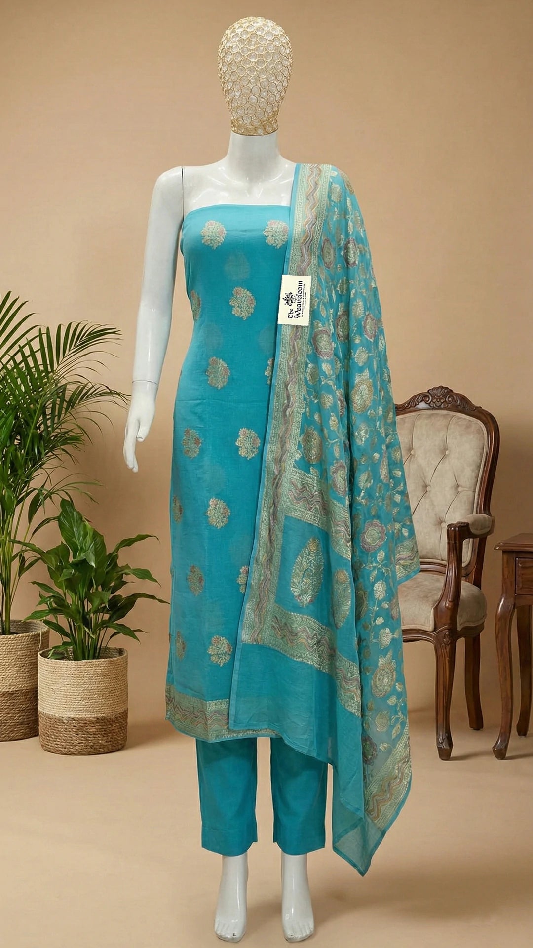 Sea Green Khaddi Georgette Pure Banarasi Dress Material with Water Zari Jaal Dupatta by The Weaveloom