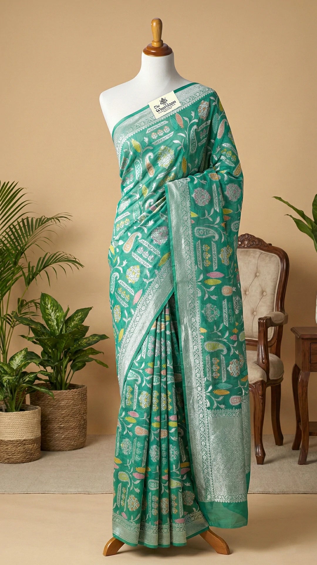 Sea Green Khaddi Georgette Pure Banarasi Saree with Meenakari Floral and Paisley Jaal by The Weaveloom