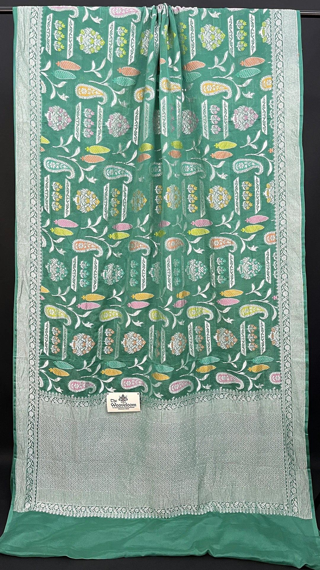 Sea Green Khaddi Georgette Pure Banarasi Saree with Meenakari Floral and Paisley Jaal by The Weaveloom