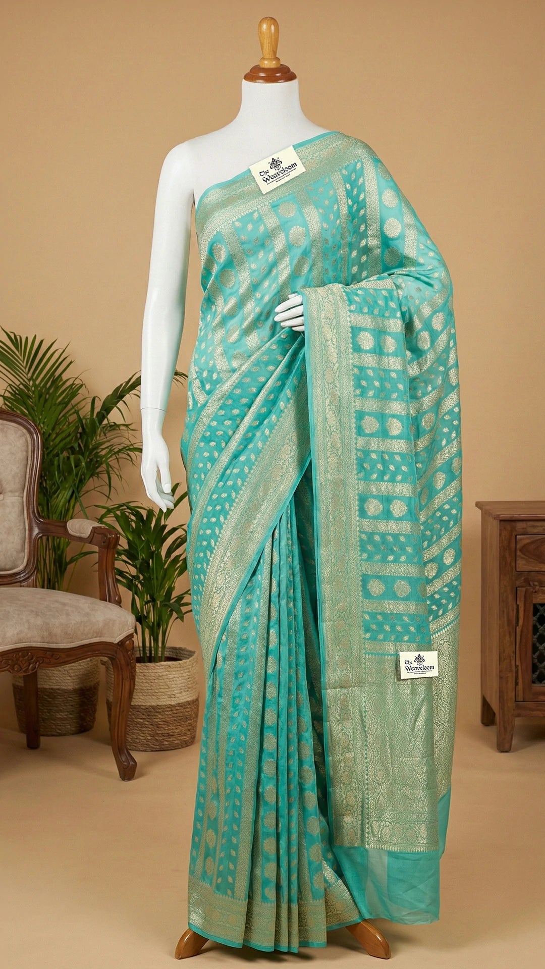 Sea Green Khaddi Georgette Pure Banarasi Saree with Water Zari Motifs and Rich Pallu by The Weaveloom