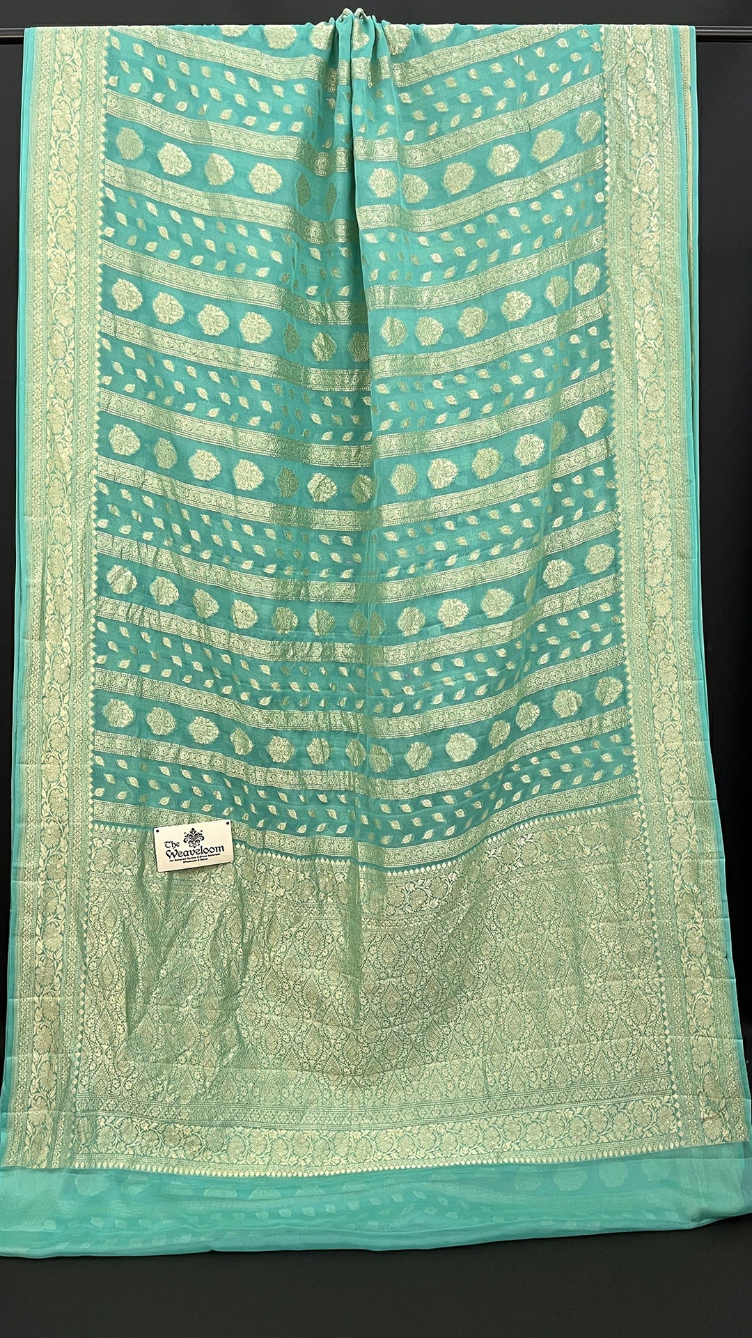 Sea Green Khaddi Georgette Pure Banarasi Saree with Water Zari Motifs and Rich Pallu by The Weaveloom