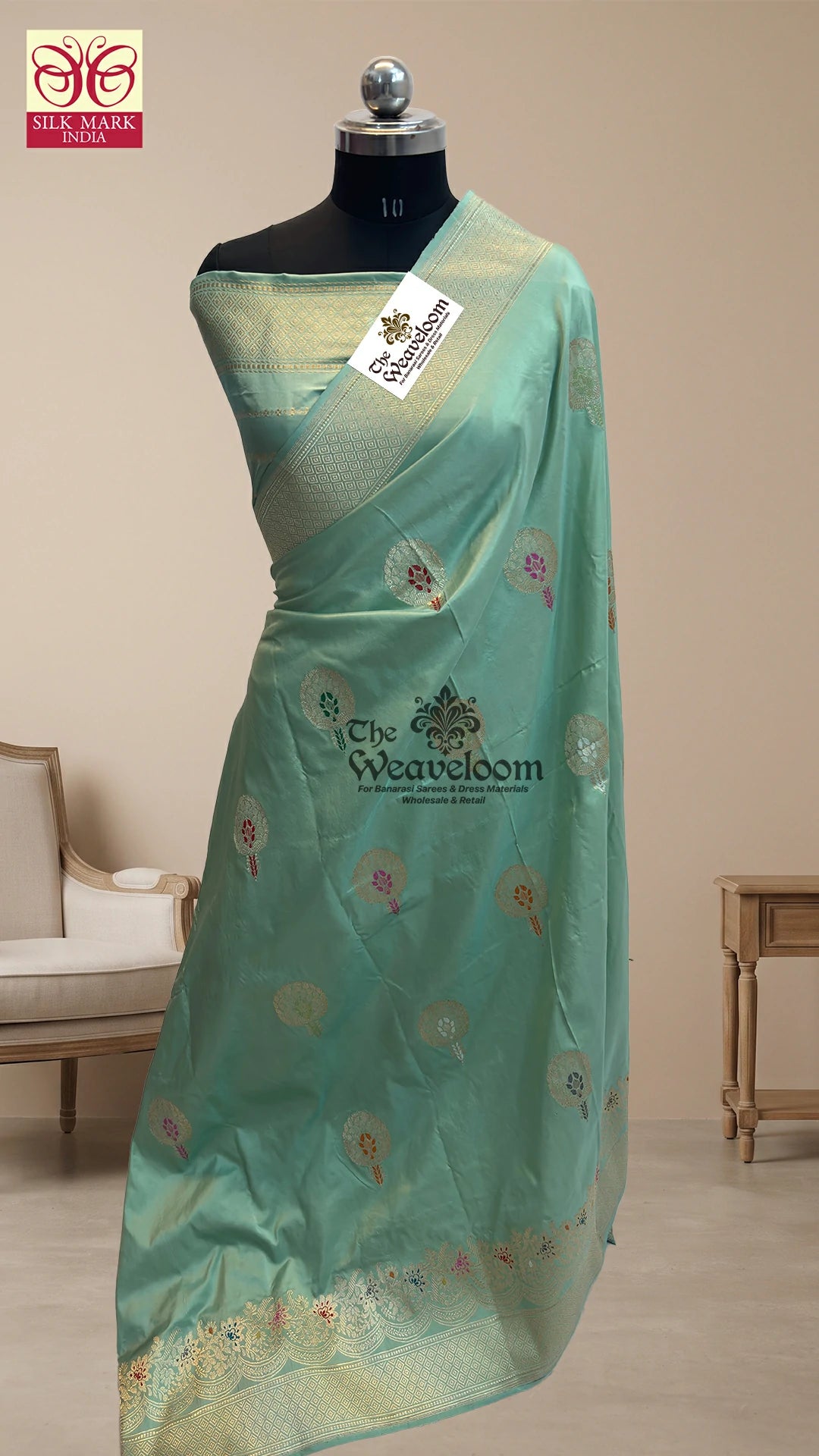 Sea Green Meenakari Floral Buta Pure Banarasi Saree in Handloom Katan Silk by The Weaveloom