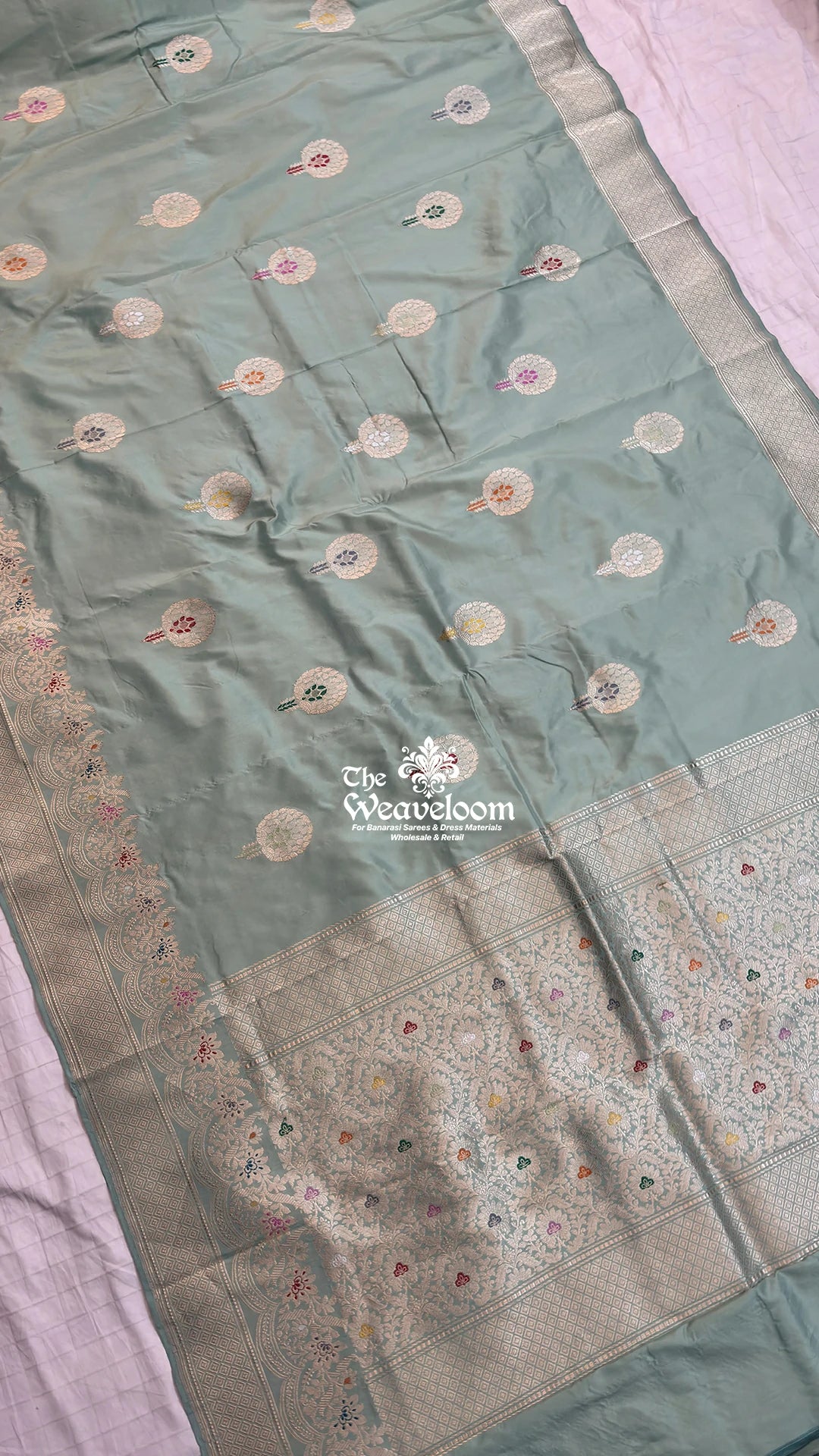 Sea Green Meenakari Floral Buta Pure Banarasi Saree in Handloom Katan Silk by The Weaveloom