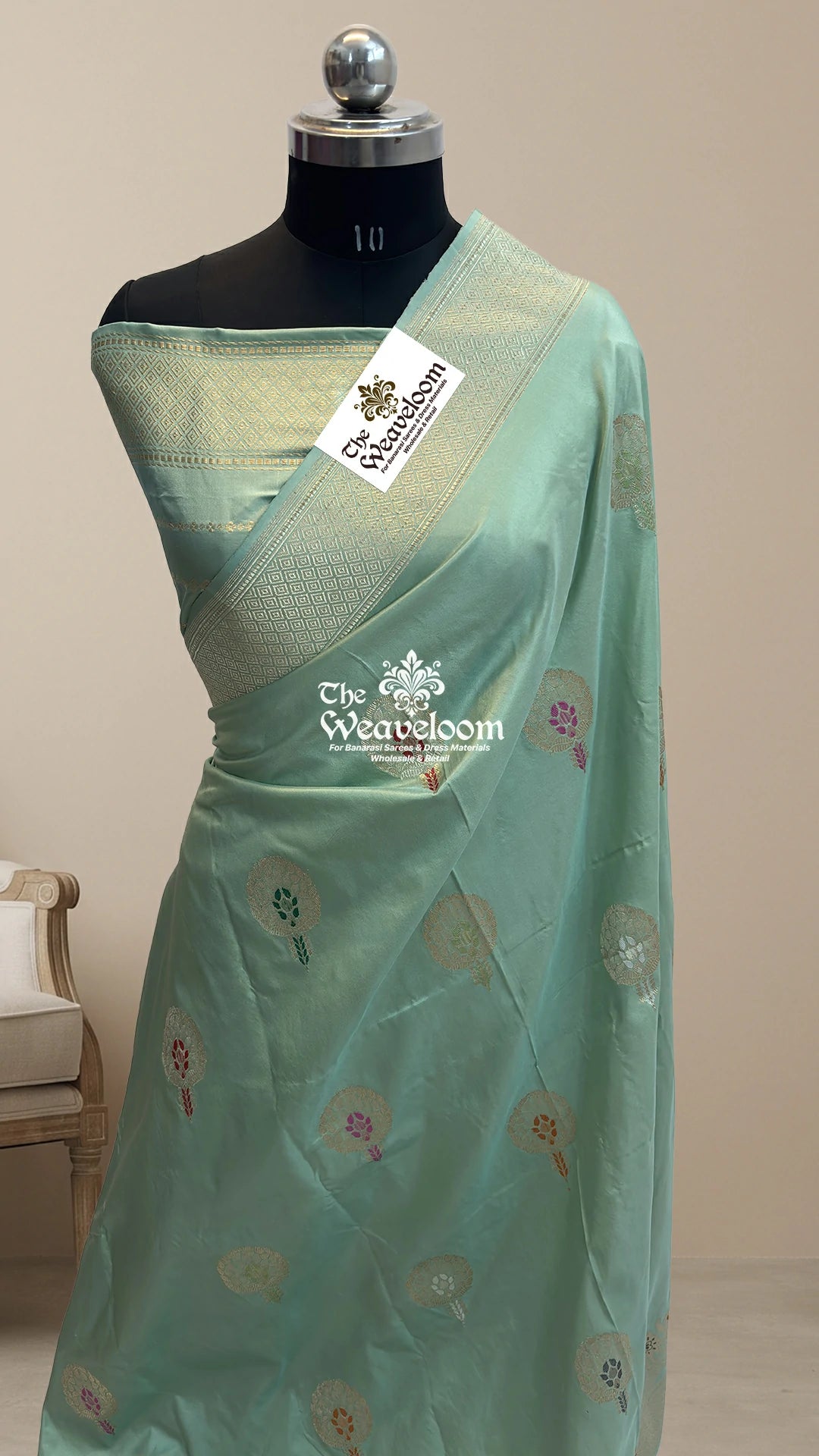 Sea Green Meenakari Floral Buta Pure Banarasi Saree in Handloom Katan Silk by The Weaveloom