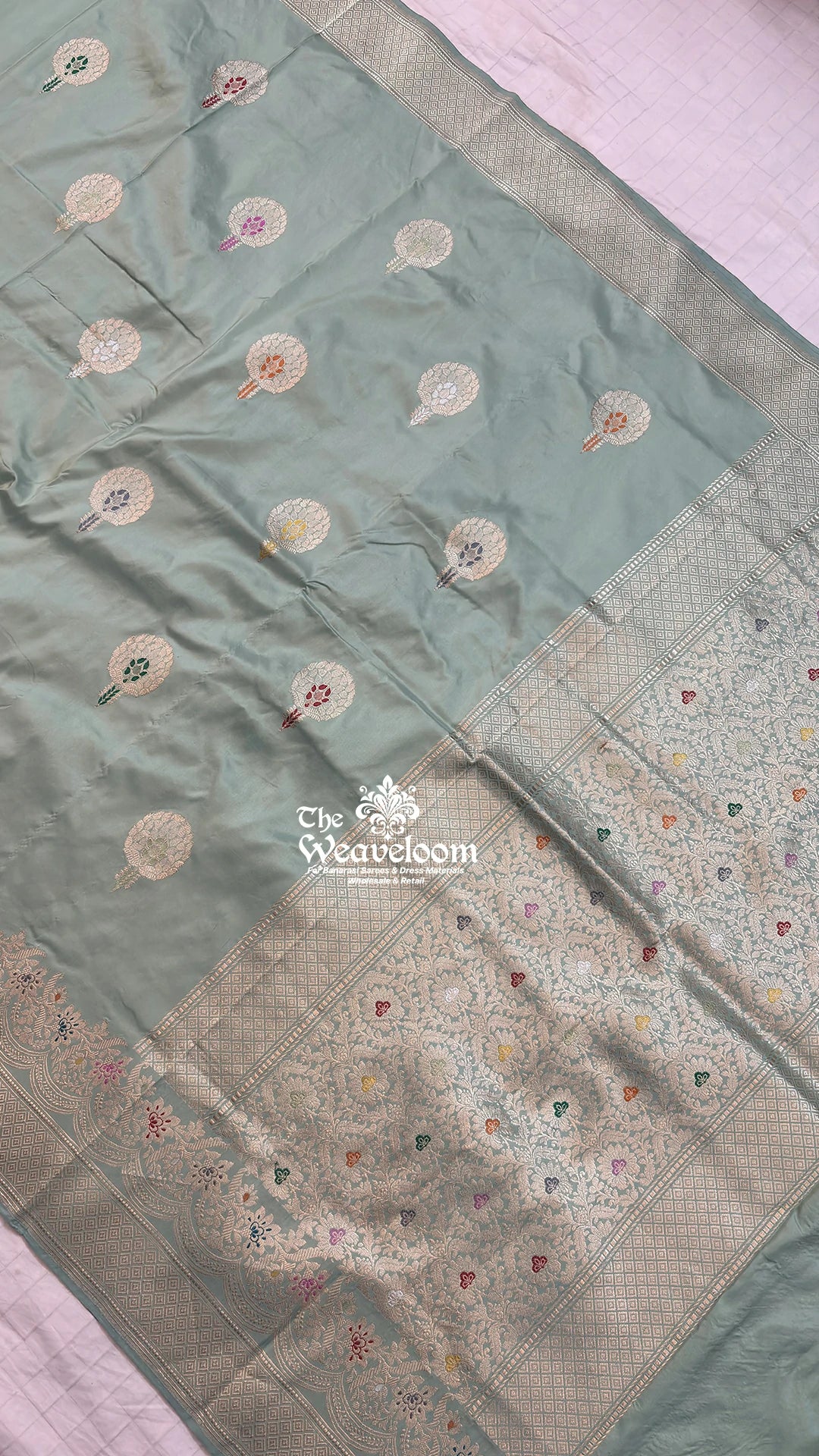 Sea Green Meenakari Floral Buta Pure Banarasi Saree in Handloom Katan Silk by The Weaveloom