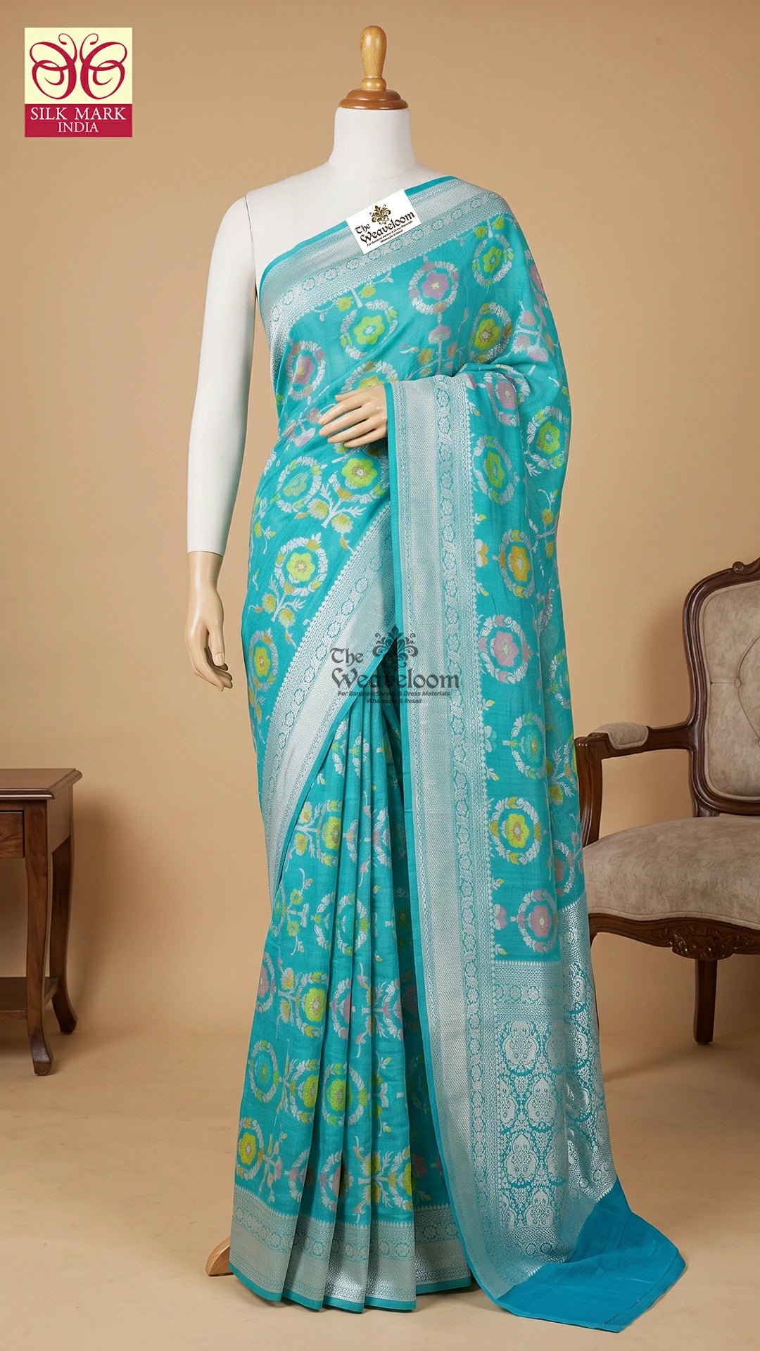 Sea Green Meenakari Floral Tussar Georgette Pure Banarasi Saree by The Weaveloom