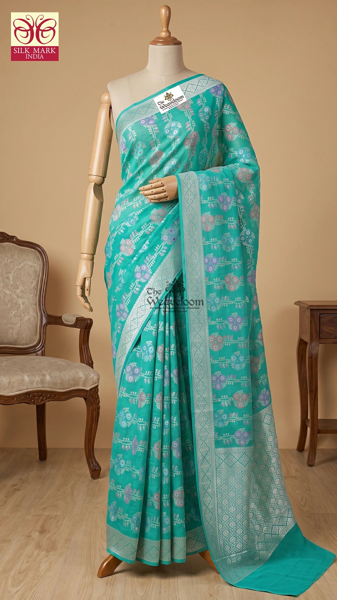 Sea Green Meenakari Floral Tussar Georgette Pure Banarasi Saree