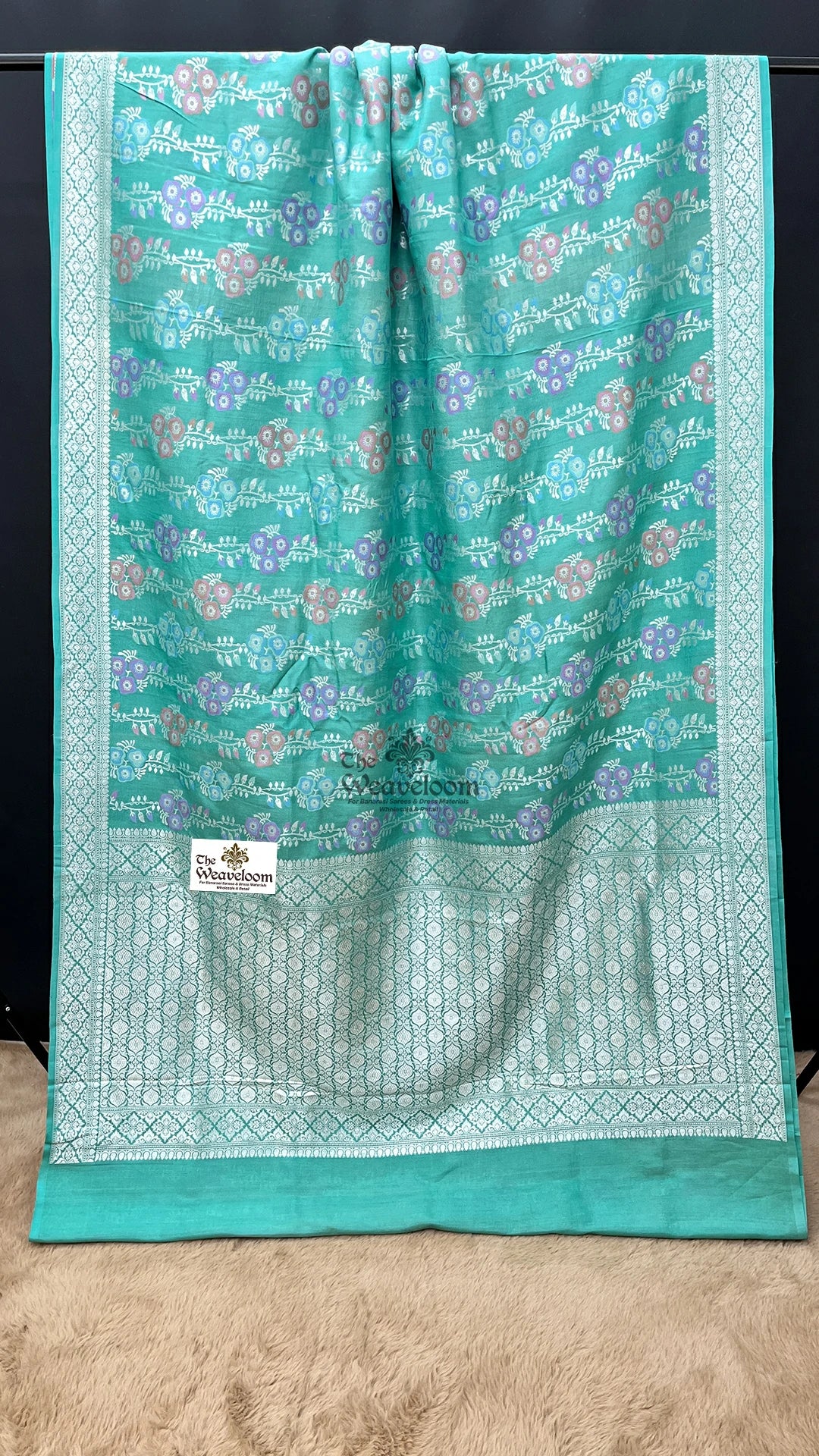 Sea Green Meenakari Floral Tussar Georgette Pure Banarasi Saree by The Weaveloom