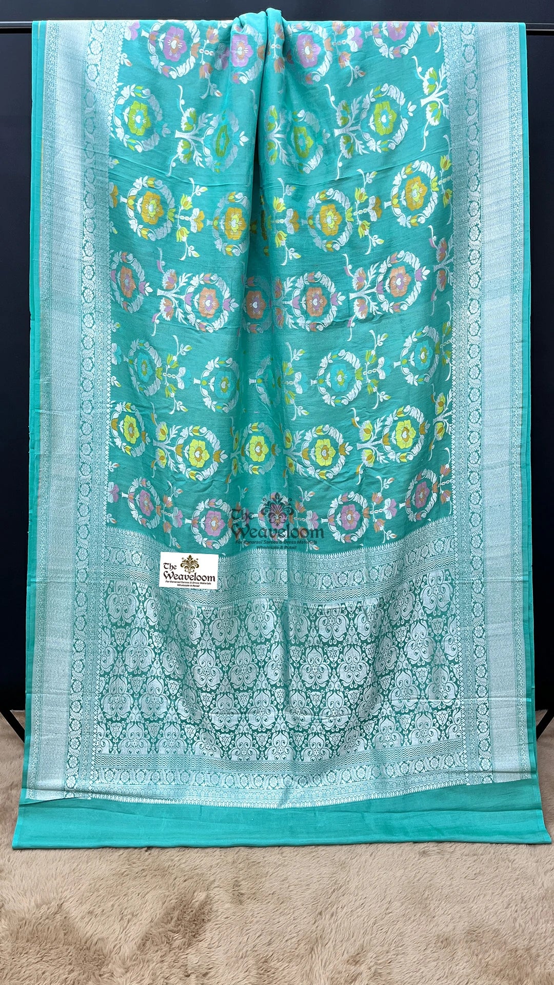 Sea Green Meenakari Floral Tussar Georgette Pure Banarasi Saree by The Weaveloom