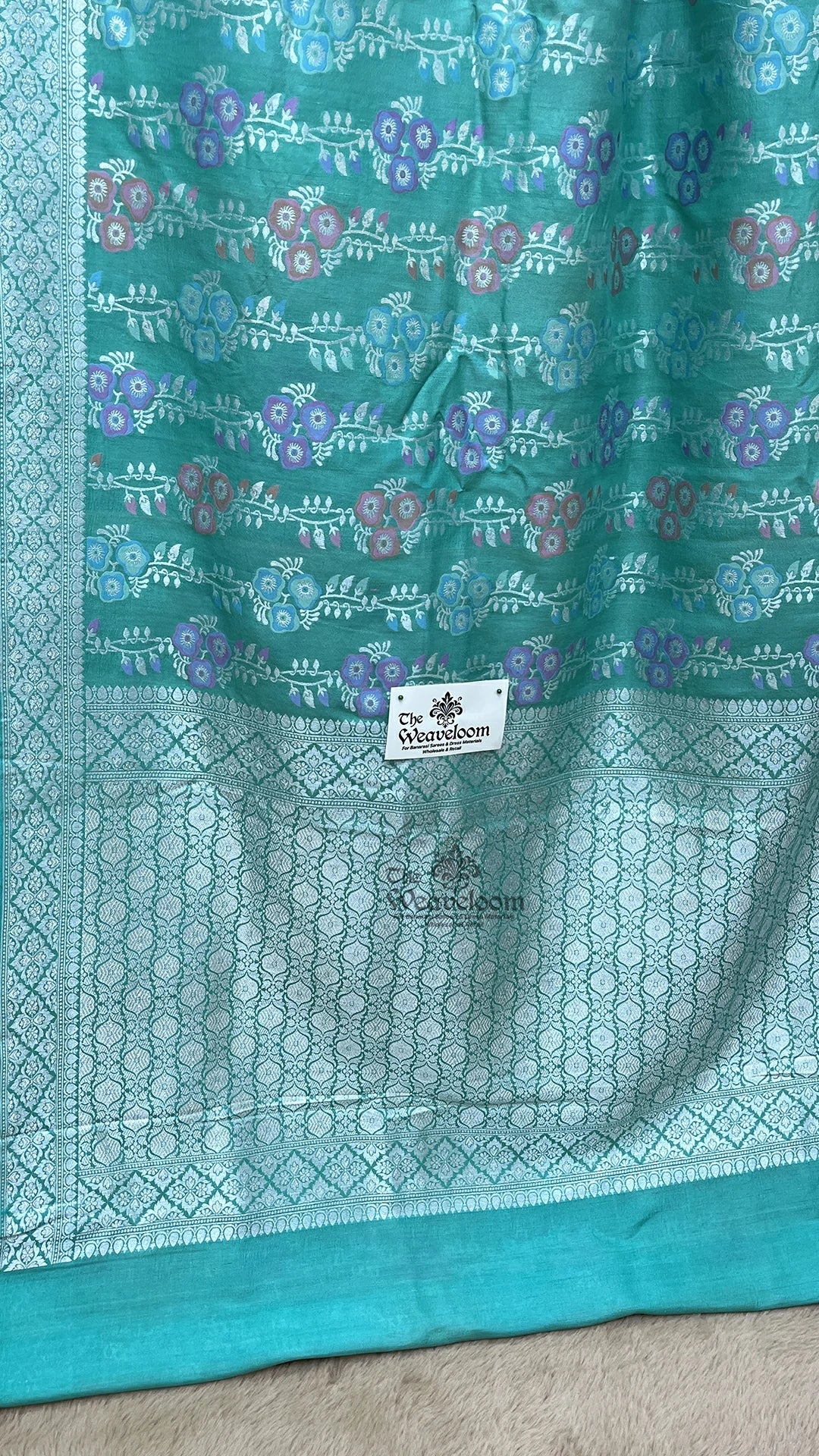 Sea Green Meenakari Floral Tussar Georgette Pure Banarasi Saree by The Weaveloom