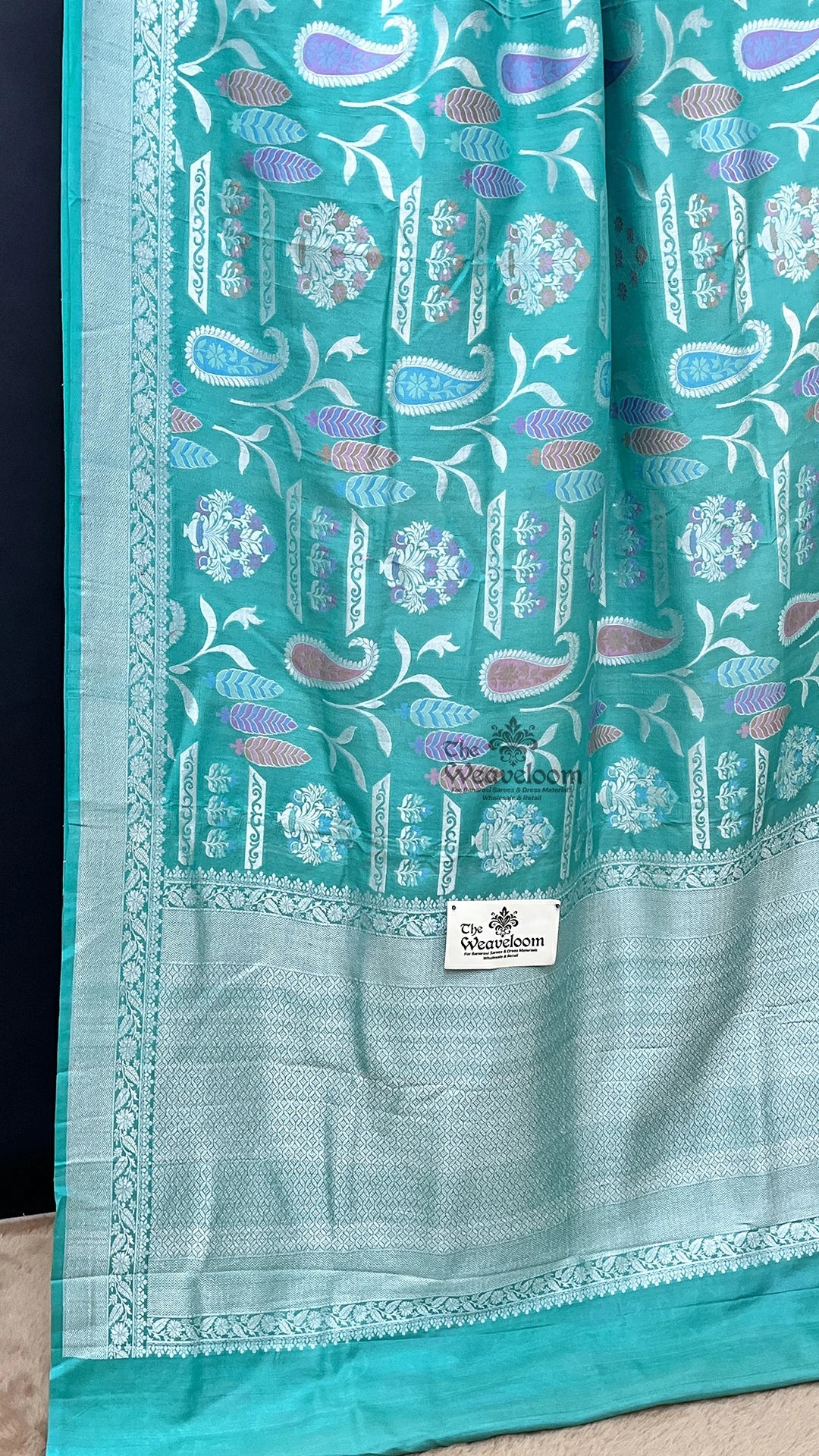 Sea green meenakari paisley tussar georgette pure Banarasi saree by The Weaveloom