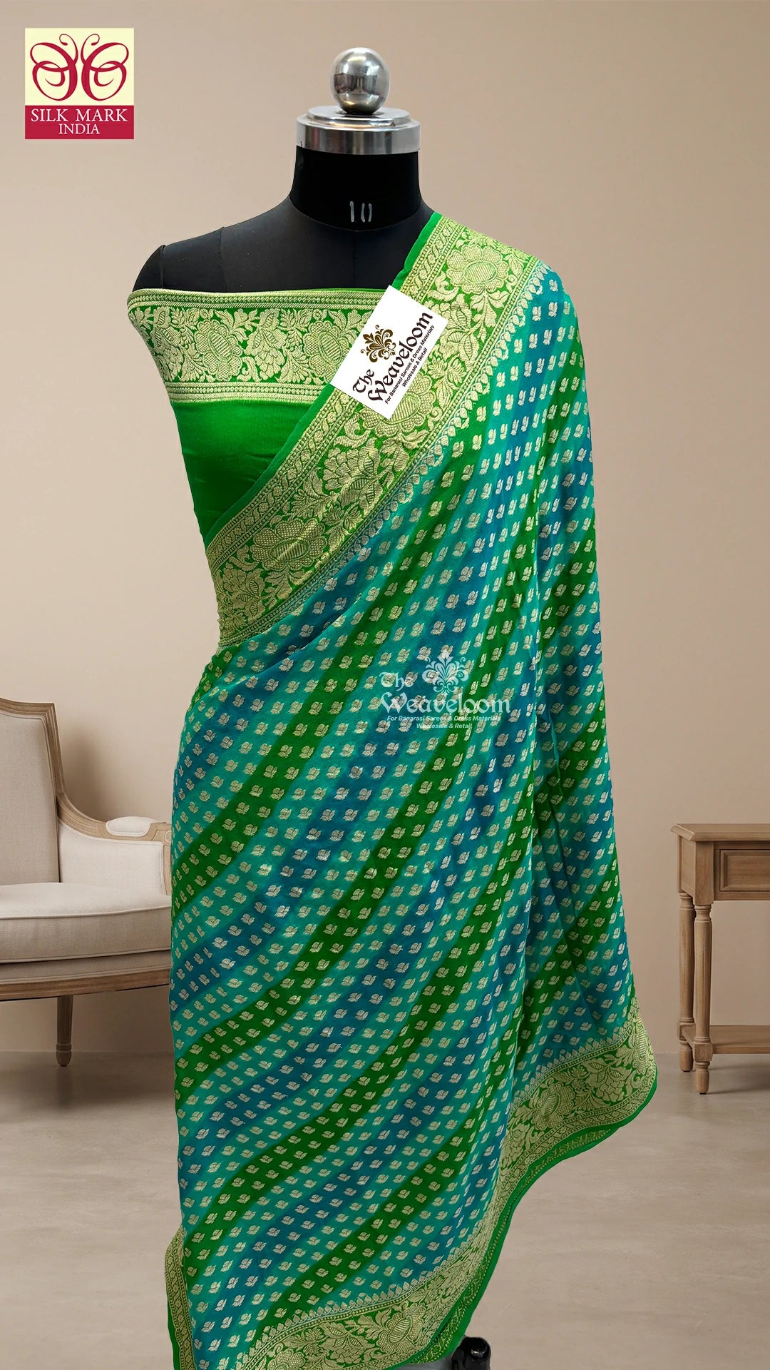 Sea Green Multicolor Rangkat Butti Pure Crepe Georgette Banarasi Saree by The Weaveloom