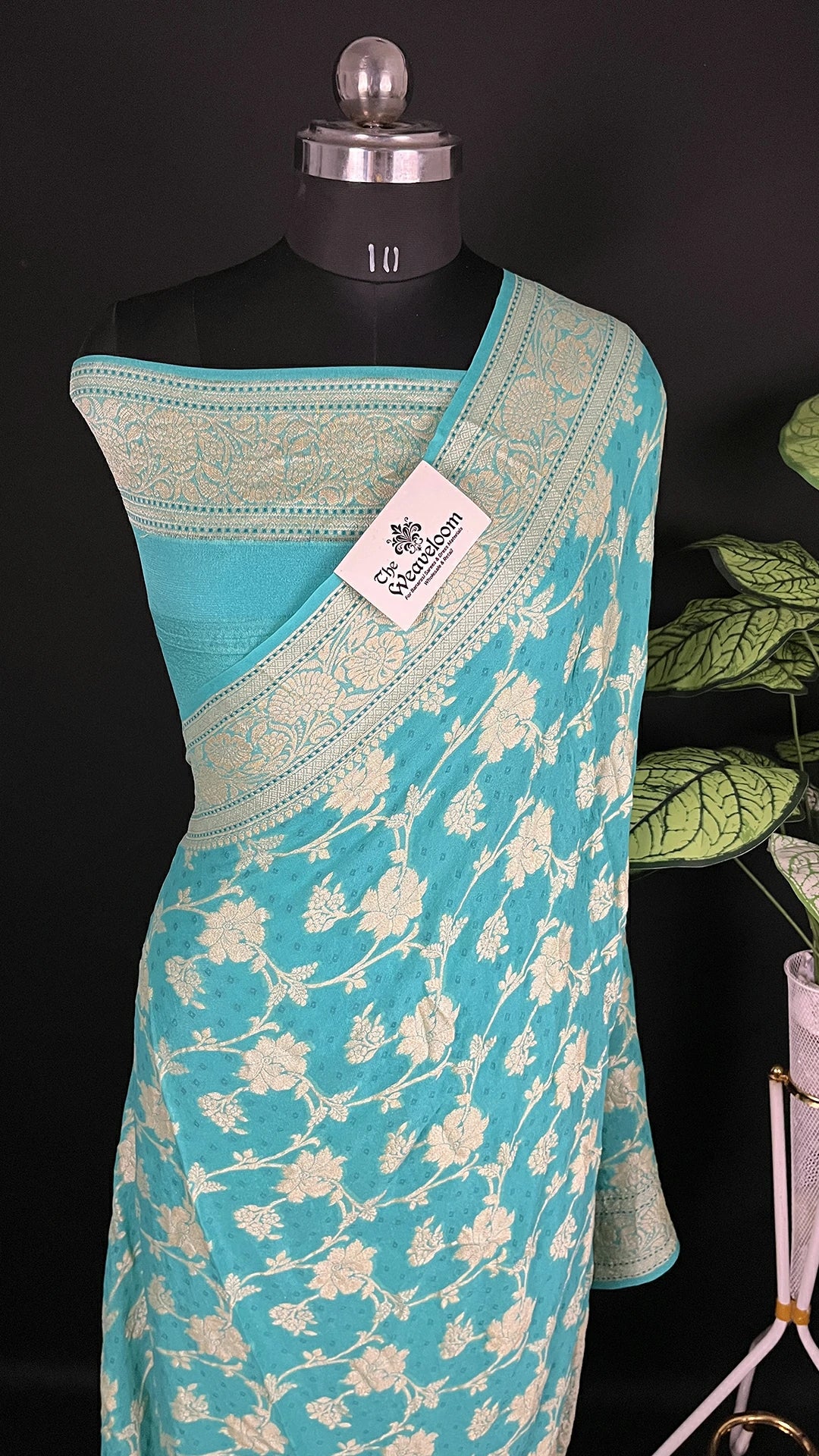 Sea Green Pure Crepe Georgette Banarasi Saree with Meenakari Work by The Weaveloom