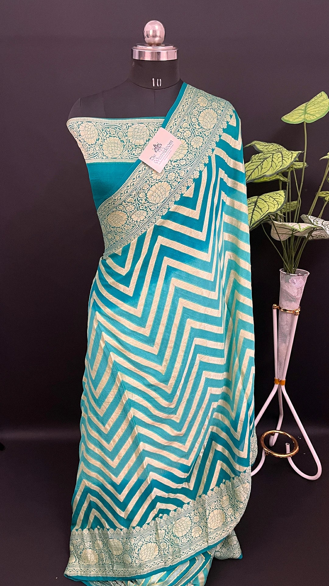 Sea Green & Rama Dual Tone Crepe Georgette Banarasi Saree with Chevron Pattern & Golden Zari by The Weaveloom
