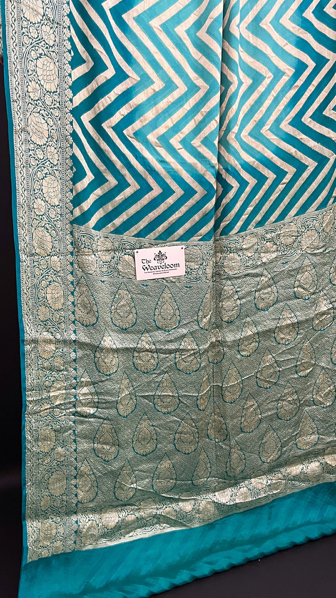 Sea Green & Rama Dual Tone Crepe Georgette Banarasi Saree with Chevron Pattern & Golden Zari by The Weaveloom