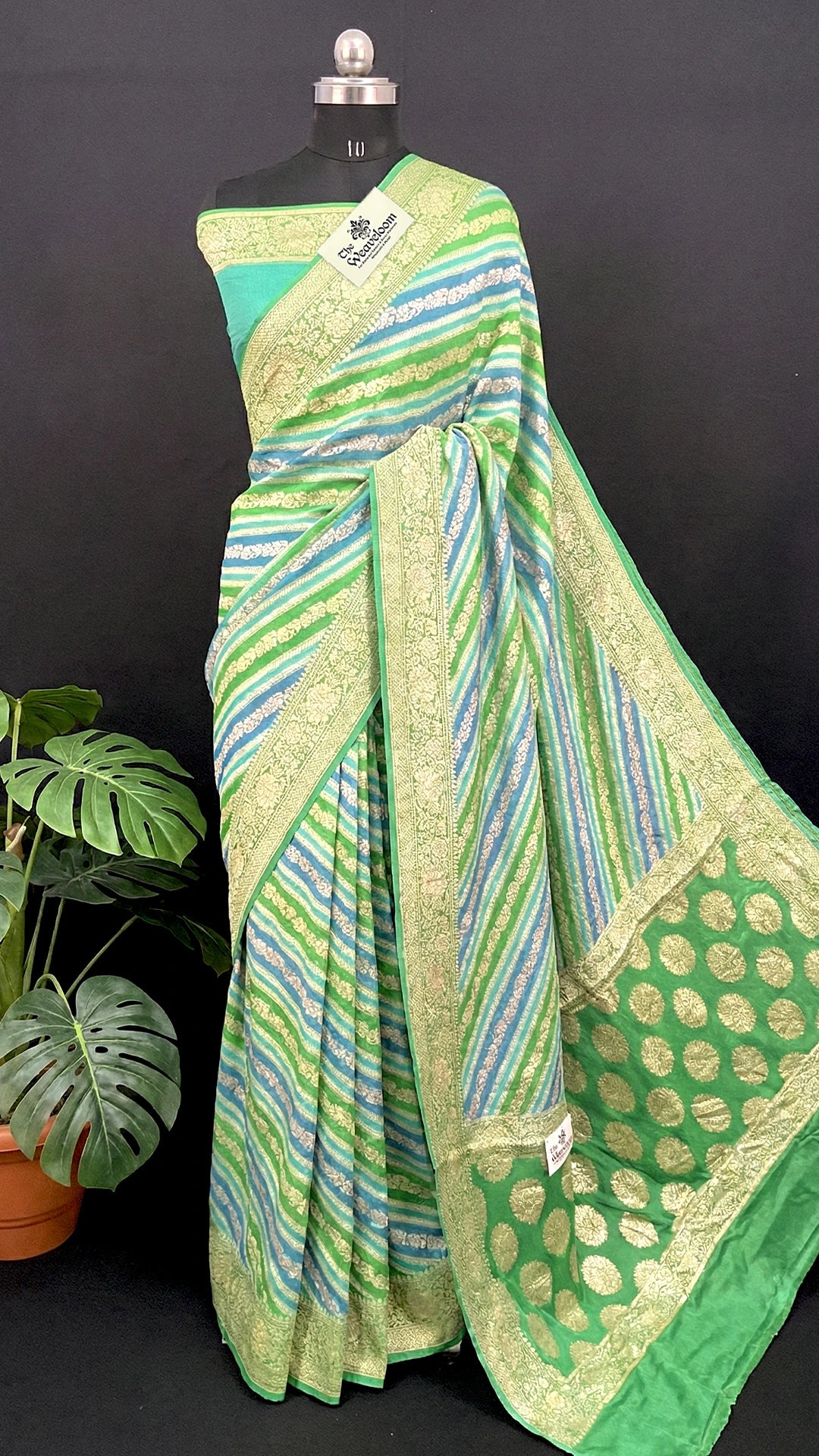 Sea Green Rangkat Multicolor Pure Crepe Georgette Banarasi Saree with Gold Zari Border by The Weaveloom