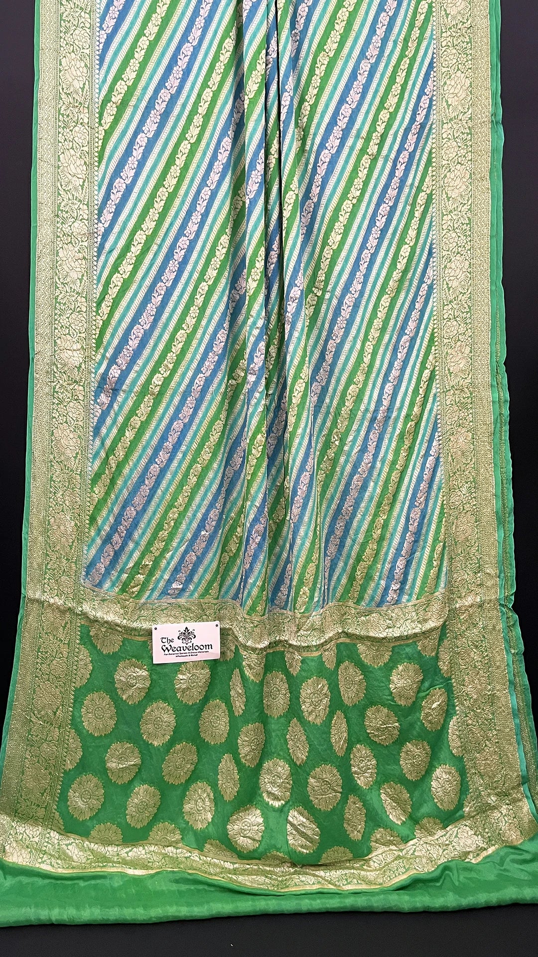 Sea Green Rangkat Multicolor Pure Crepe Georgette Banarasi Saree with Gold Zari Border by The Weaveloom