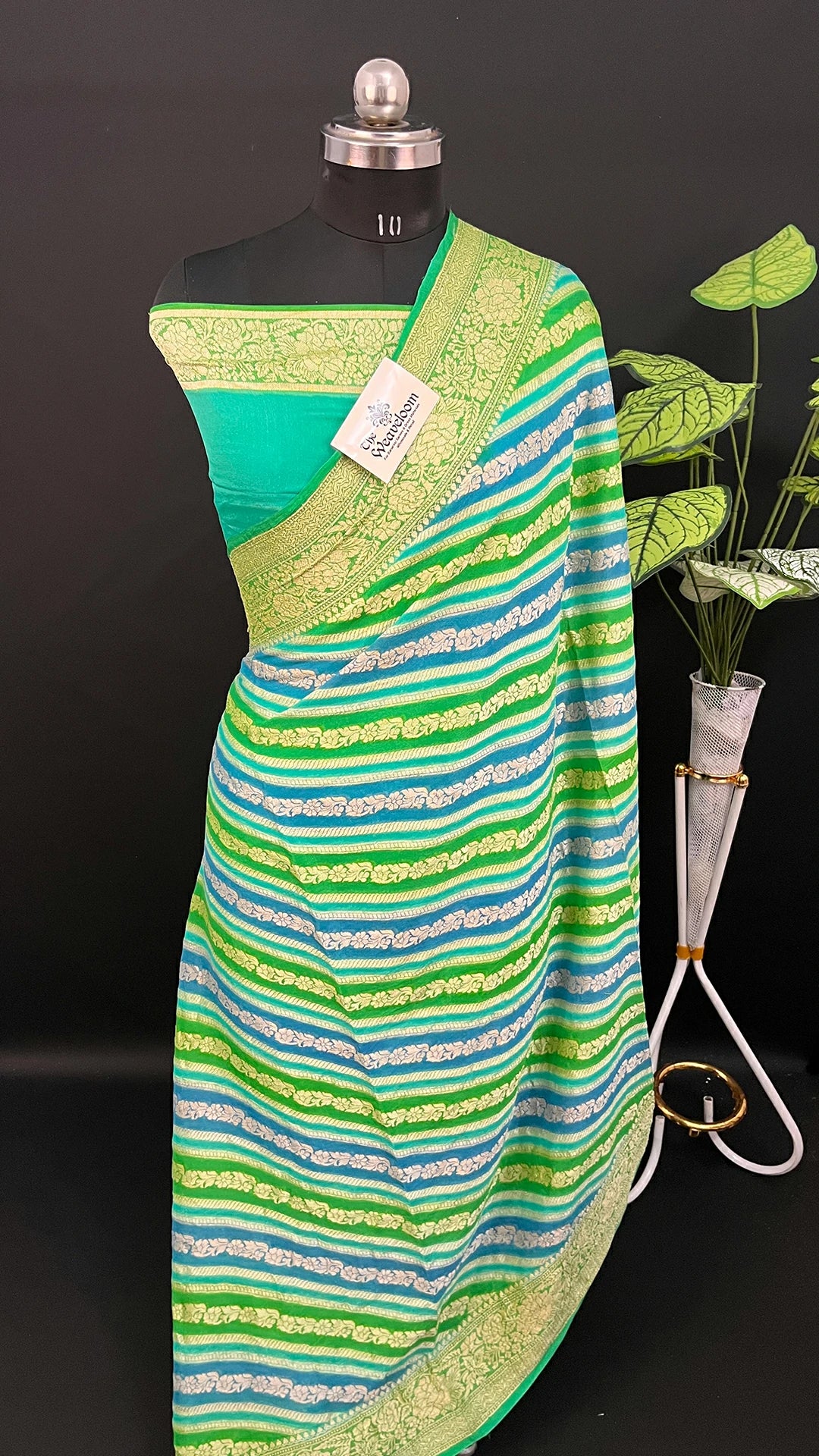 Sea Green Rangkat Multicolor Pure Crepe Georgette Banarasi Saree with Gold Zari Border by The Weaveloom