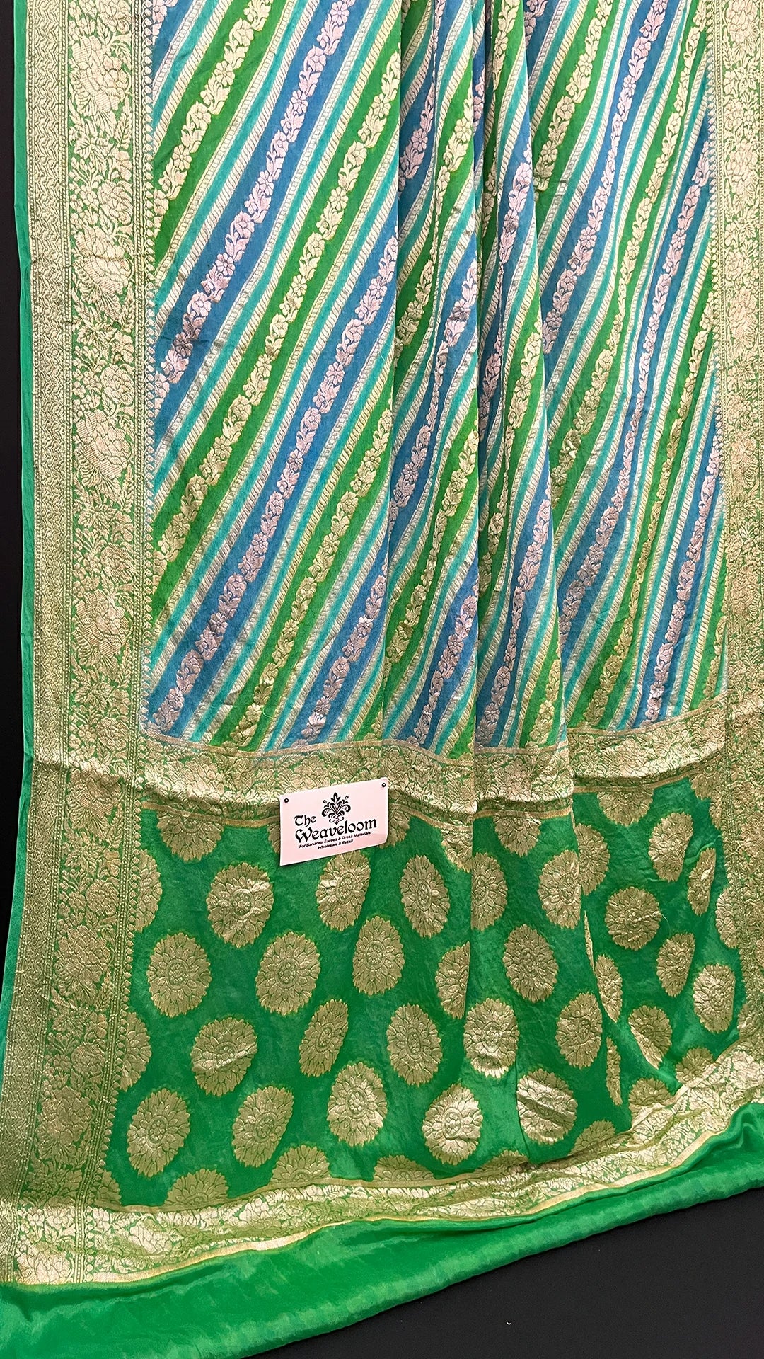 Sea Green Rangkat Multicolor Pure Crepe Georgette Banarasi Saree with Gold Zari Border by The Weaveloom