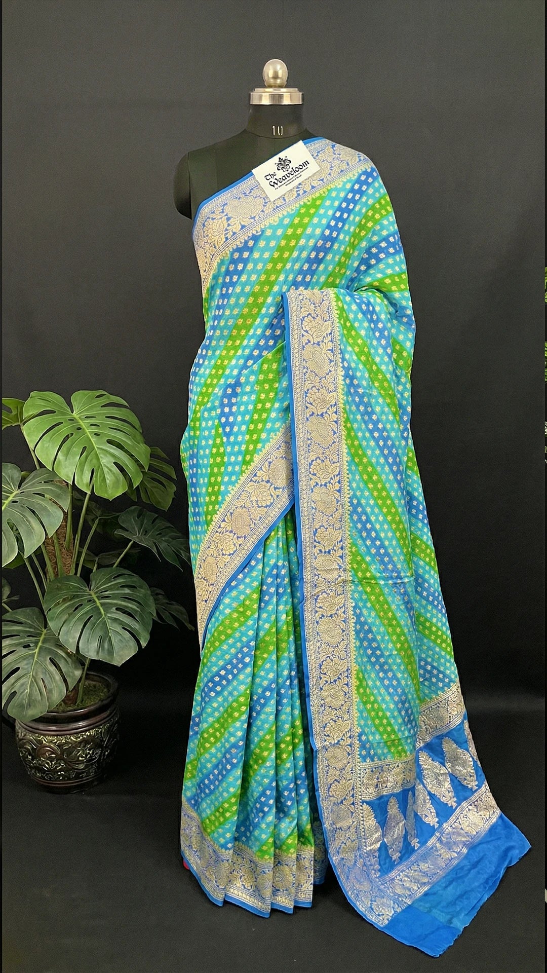 Sea Green Rangkat Multicolor Pure Crepe Georgette Banarasi Saree with Golden Zari Border by The Weaveloom