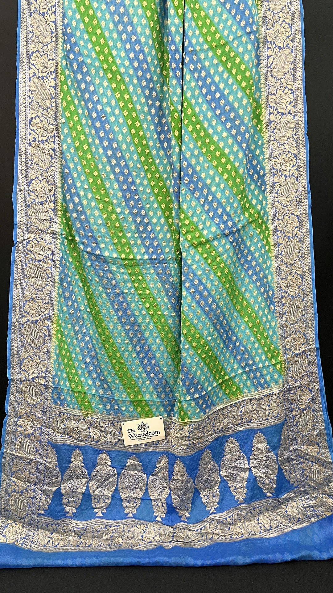 Sea Green Rangkat Multicolor Pure Crepe Georgette Banarasi Saree with Golden Zari Border by The Weaveloom