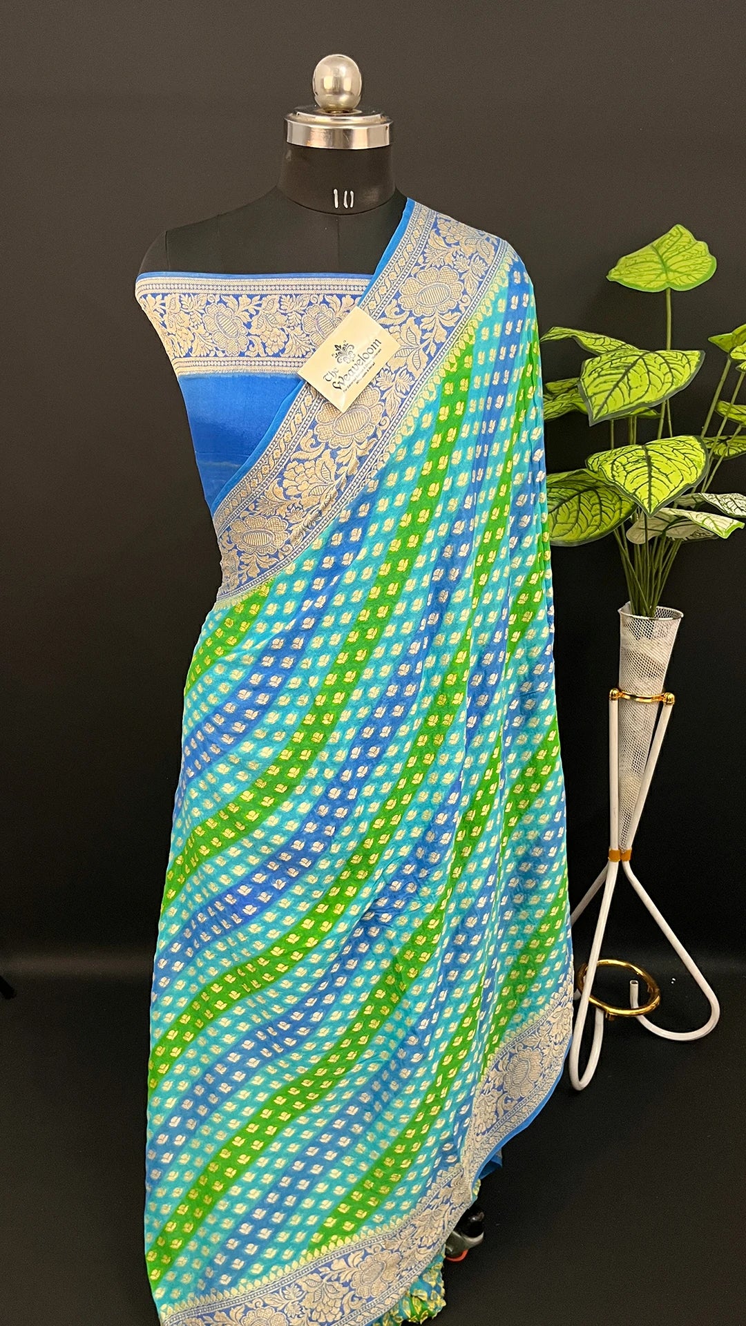 Sea Green Rangkat Multicolor Pure Crepe Georgette Banarasi Saree with Golden Zari Border by The Weaveloom