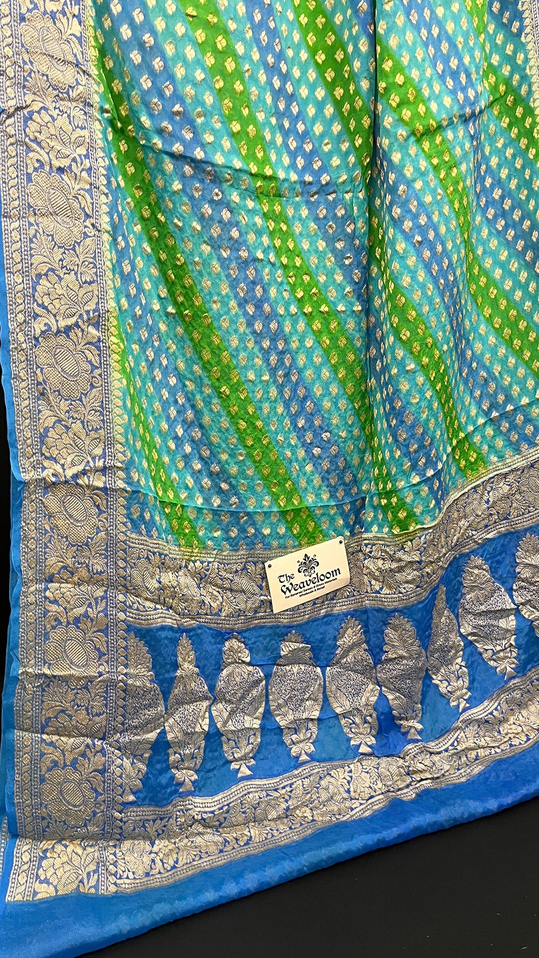 Sea Green Rangkat Multicolor Pure Crepe Georgette Banarasi Saree with Golden Zari Border by The Weaveloom