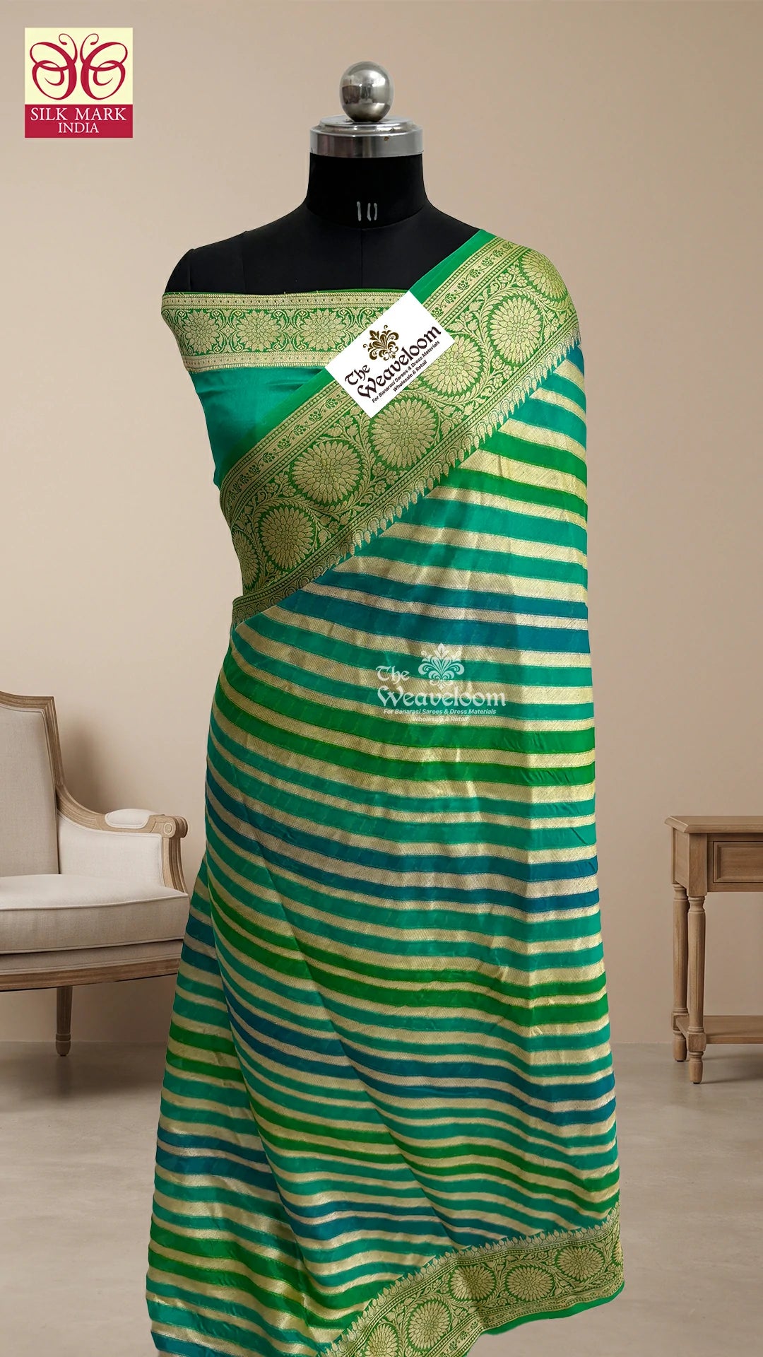 Sea Green Rangkat Multicolor Striped Floral Motif Pure Crepe Georgette Pure Banarasi Saree by The Weaveloom