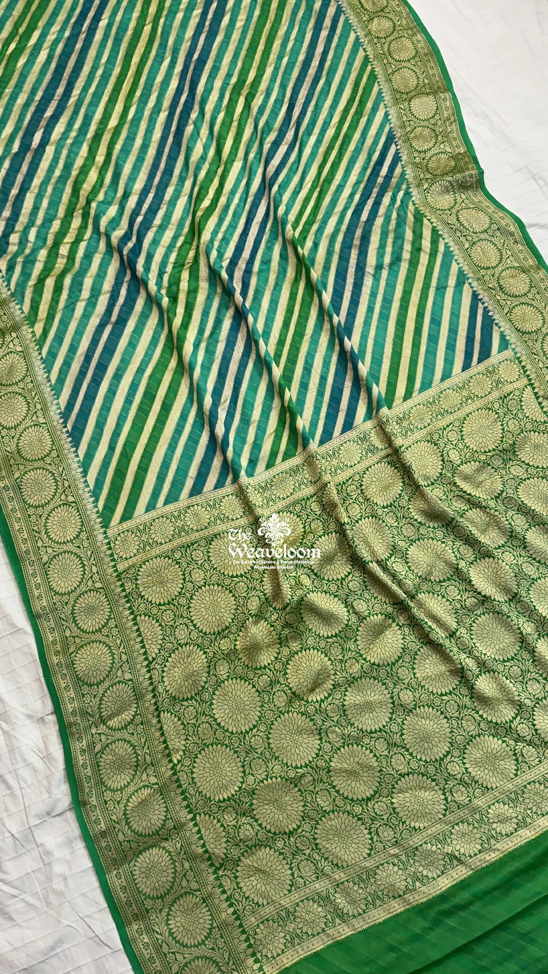 Sea Green Rangkat Multicolor Striped Floral Motif Pure Crepe Georgette Pure Banarasi Saree by The Weaveloom