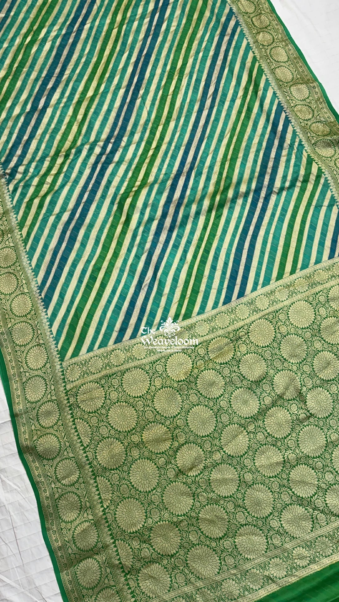 Sea Green Rangkat Multicolor Striped Floral Motif Pure Crepe Georgette Pure Banarasi Saree by The Weaveloom