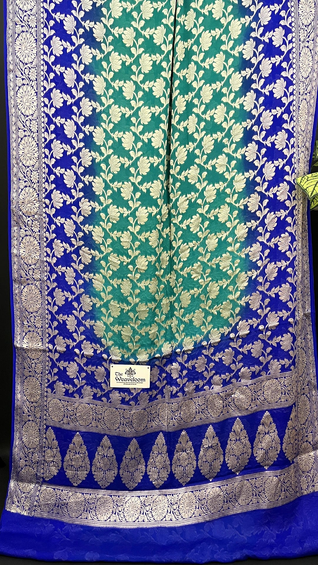 Sea Green & Royal Blue Dual Tone Pure Crepe Georgette Banarasi Saree with Golden Zari Jaal by The Weaveloom