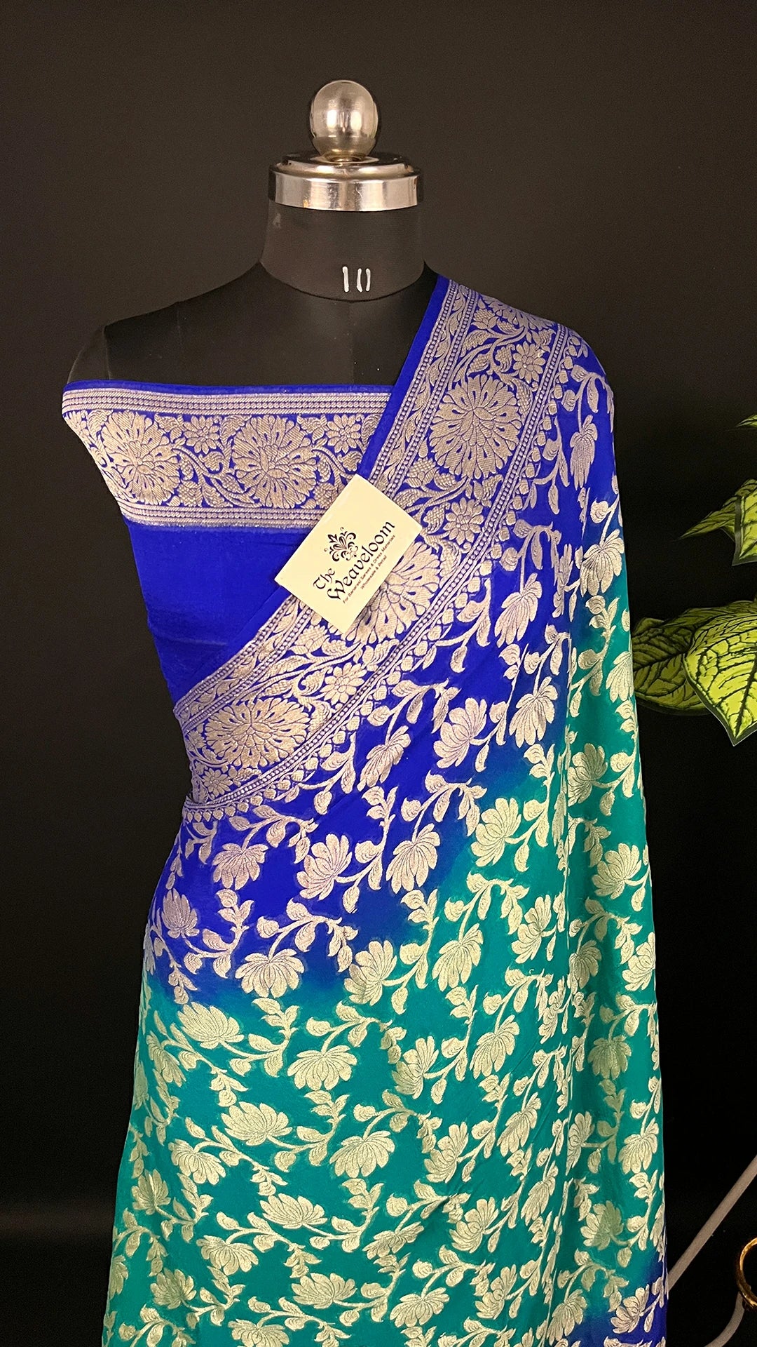 Sea Green & Royal Blue Dual Tone Pure Crepe Georgette Banarasi Saree with Golden Zari Jaal by The Weaveloom