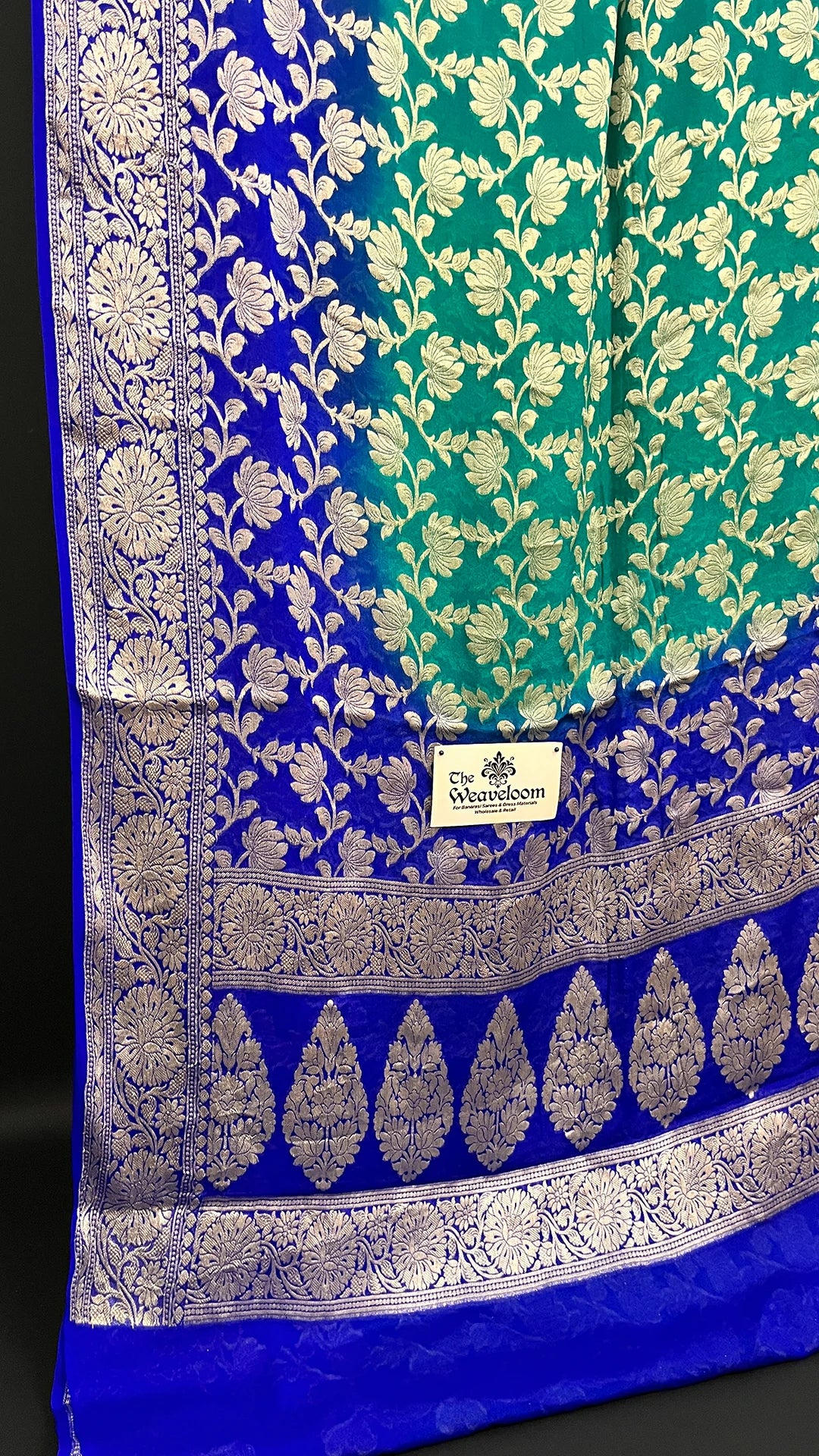 Sea Green & Royal Blue Dual Tone Pure Crepe Georgette Banarasi Saree with Golden Zari Jaal by The Weaveloom