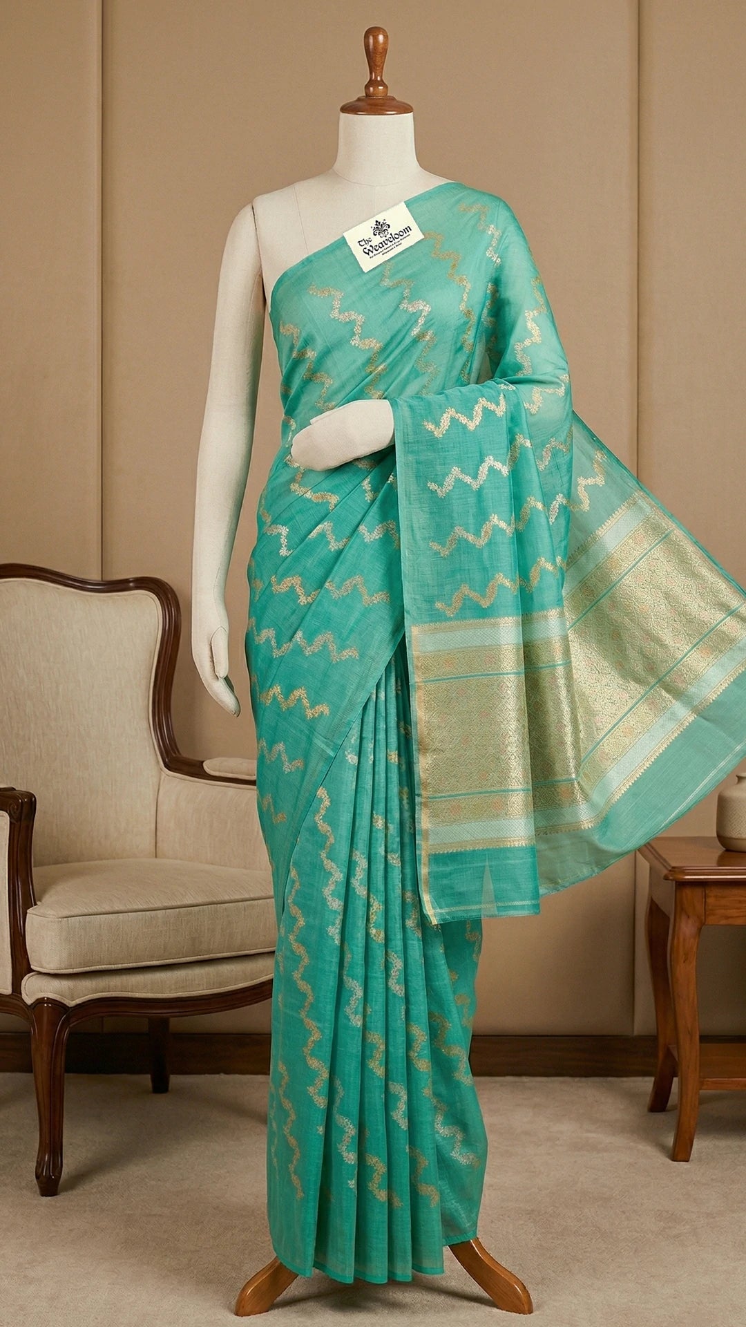 Sea Green Zigzag Zari Kora Silk Pure Banarasi Saree The Weaveloom