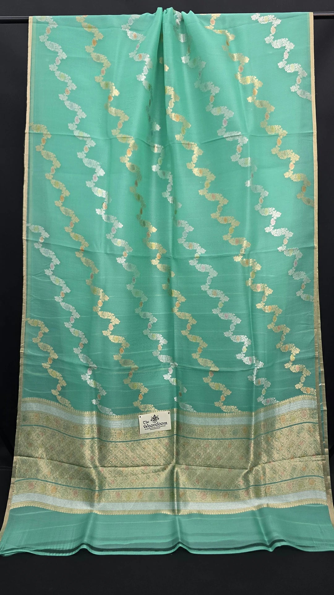 Sea Green Zigzag Zari Kora Silk Pure Banarasi Saree The Weaveloom