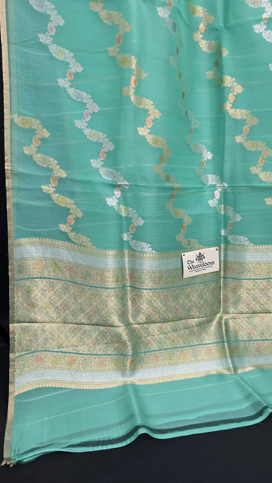 Sea Green Zigzag Zari Kora Silk Pure Banarasi Saree The Weaveloom