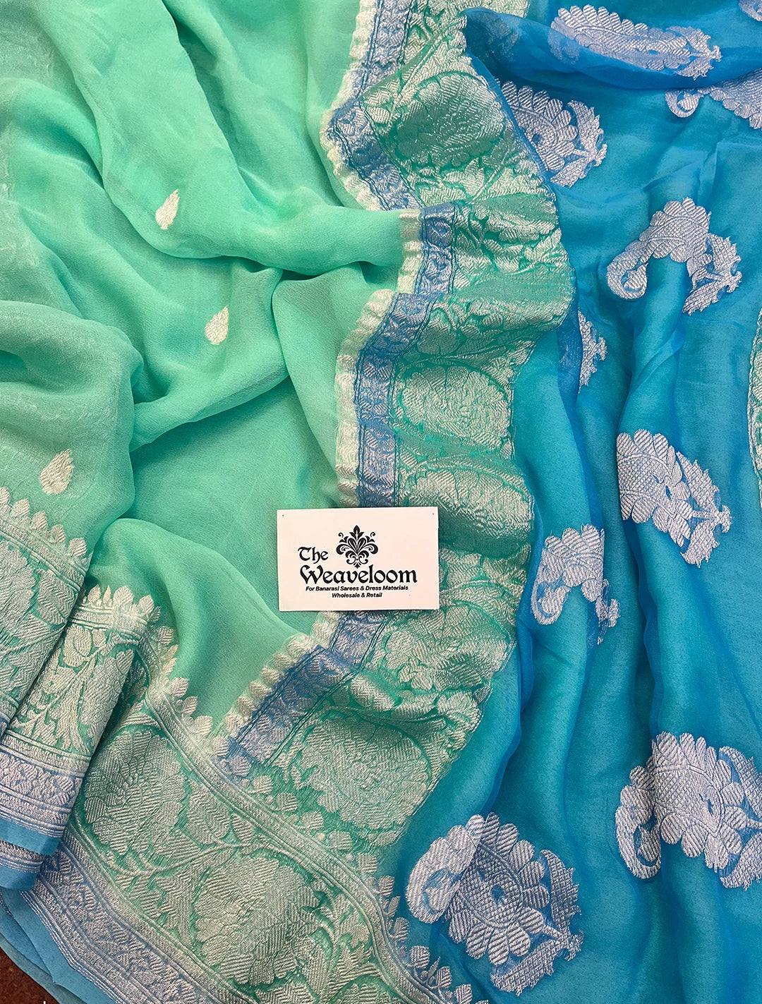 Sea Green Pure Khaddi Georgette Handloom Kadwa Banarasi Saree by The Weaveloom