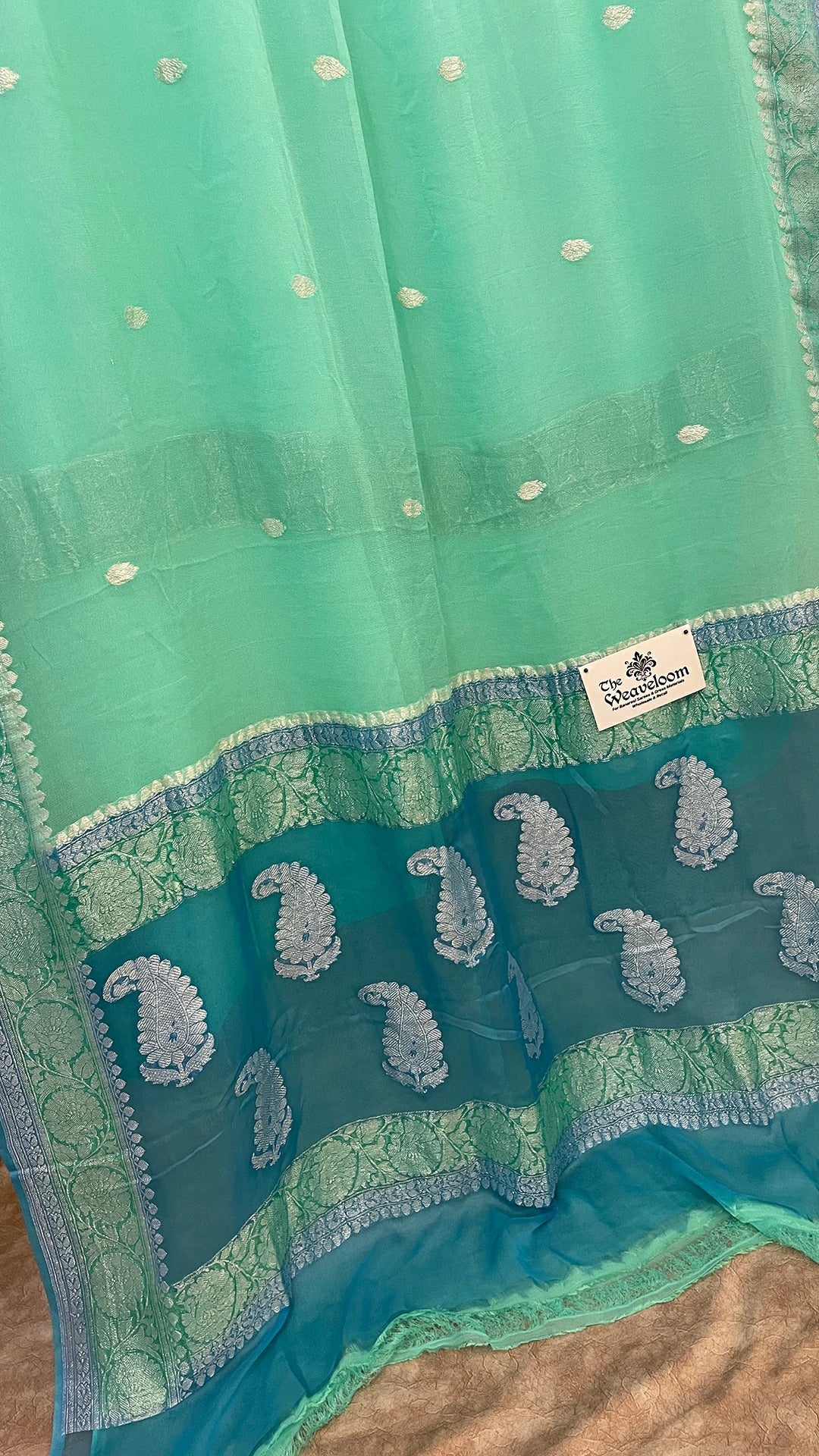 Sea Green Pure Khaddi Georgette Handloom Kadwa Banarasi Saree by The Weaveloom