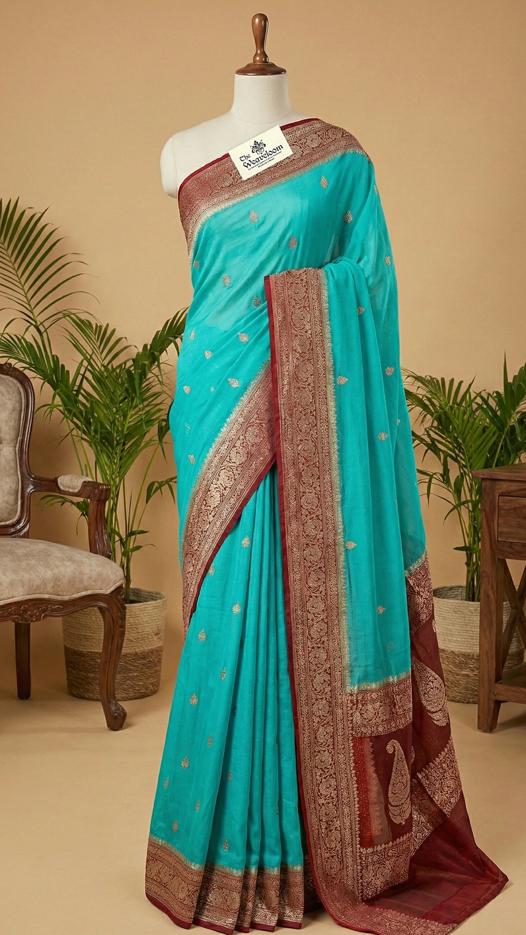 Seagreen Khaddi Georgette Pure Banarasi Saree with Silver Zari Border and Paisley Pallu by The Weaveloom
