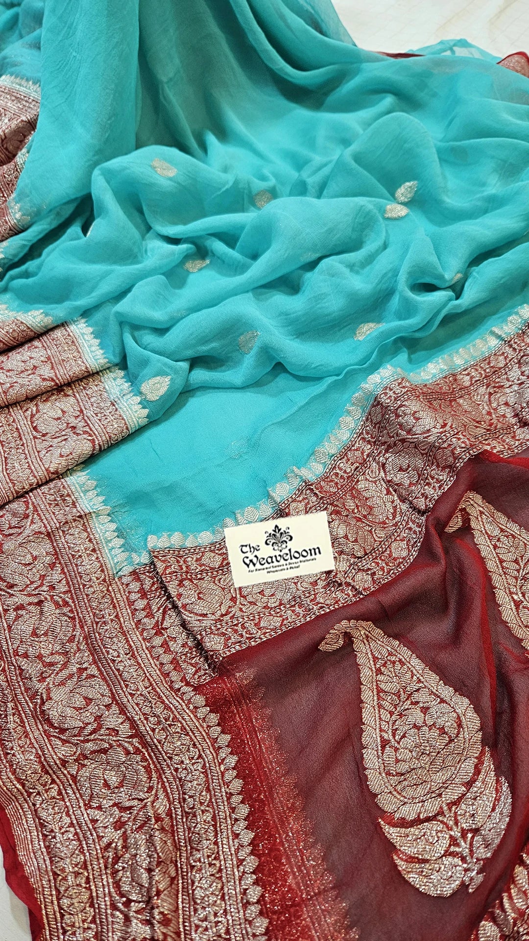 Seagreen Khaddi Georgette Pure Banarasi Saree with Silver Zari Border and Paisley Pallu by The Weaveloom