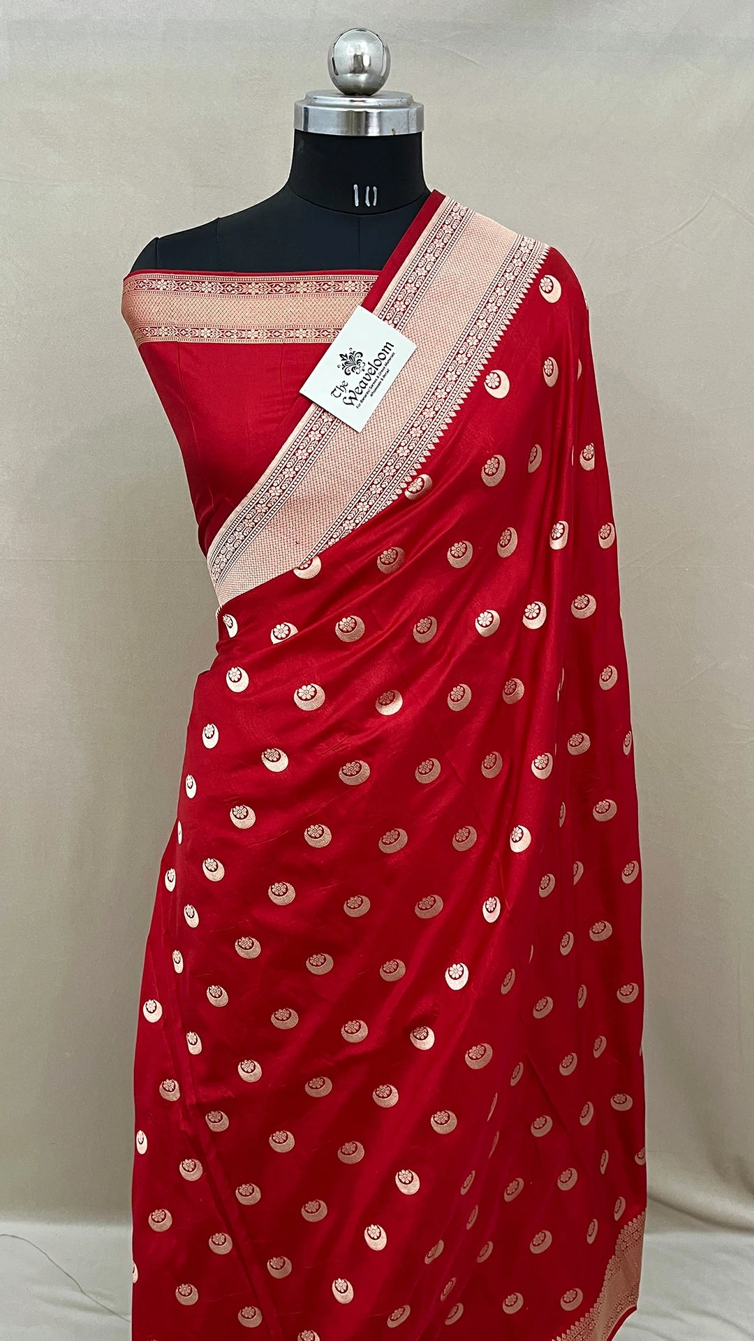 Sonakshi Sinha Inspired Red Pure Katan Silk Chand Tara Banarasi Saree by The Weaveloom with golden zari border and rich pallu