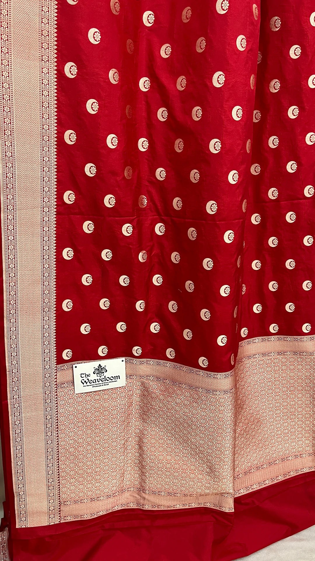Sonakshi Sinha Inspired Red Pure Katan Silk Chand Tara Banarasi Saree by The Weaveloom with golden zari border and rich pallu