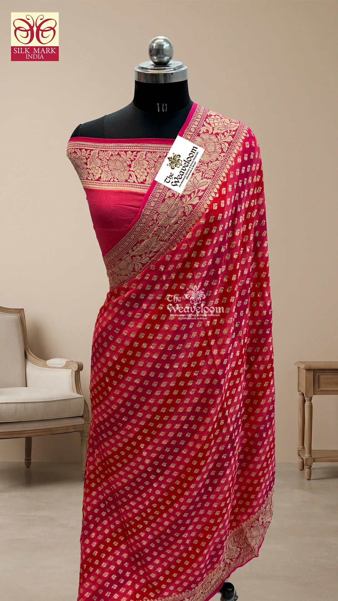 Strawberry Multicolor Rangkat Buti Crepe Georgette Pure Banarasi Saree by The Weaveloom