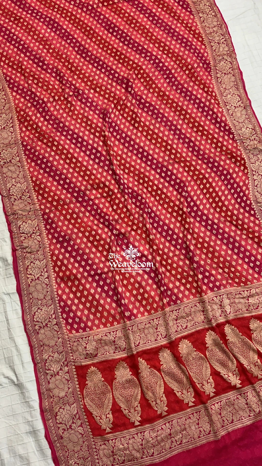 Strawberry Multicolor Rangkat Buti Crepe Georgette Pure Banarasi Saree by The Weaveloom