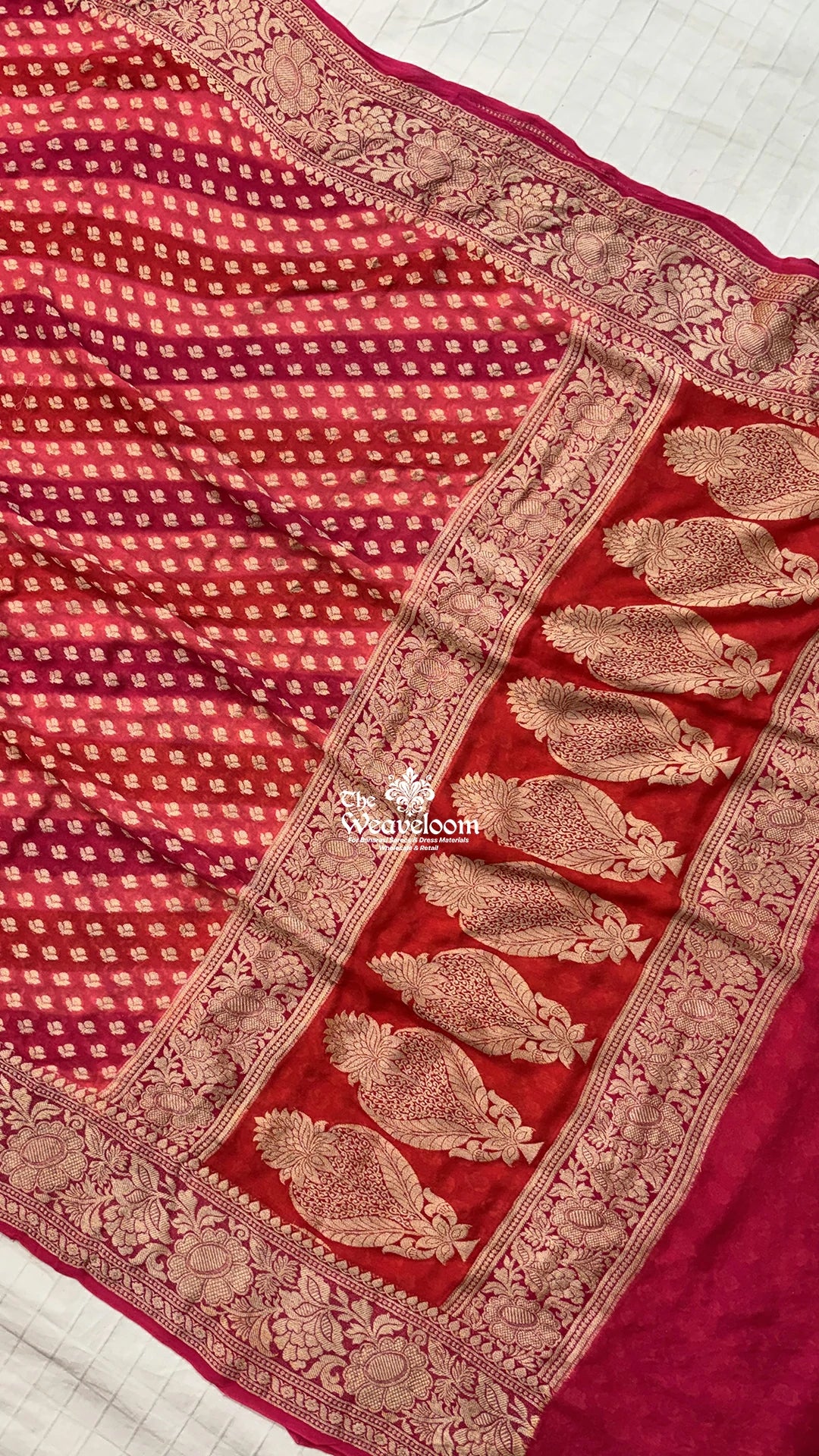 Strawberry Multicolor Rangkat Buti Crepe Georgette Pure Banarasi Saree by The Weaveloom