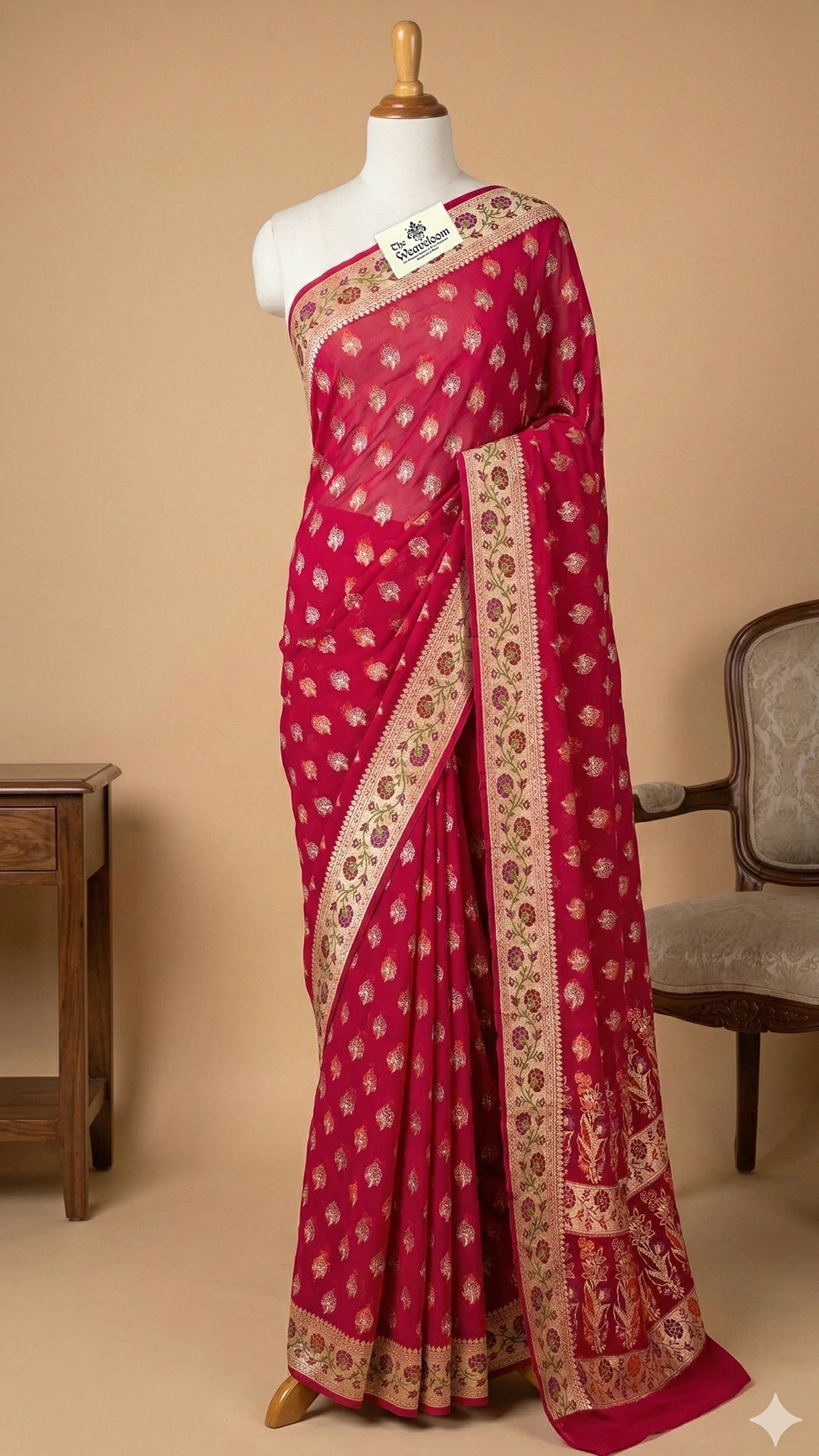 Strawberry Pink Crepe Georgette Banarasi Saree with Meenakari Floral Zari Border The Weaveloom