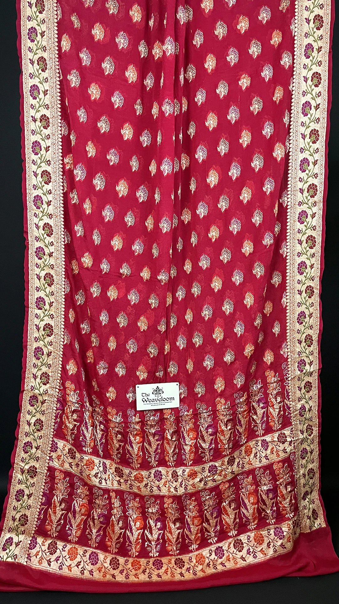 Strawberry Pink Crepe Georgette Banarasi Saree with Meenakari Floral Zari Border The Weaveloom