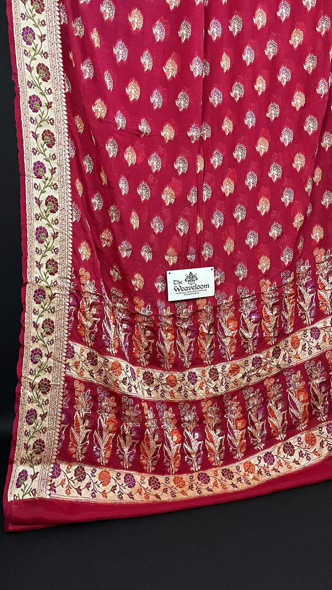 Strawberry Pink Crepe Georgette Banarasi Saree with Meenakari Floral Zari Border The Weaveloom